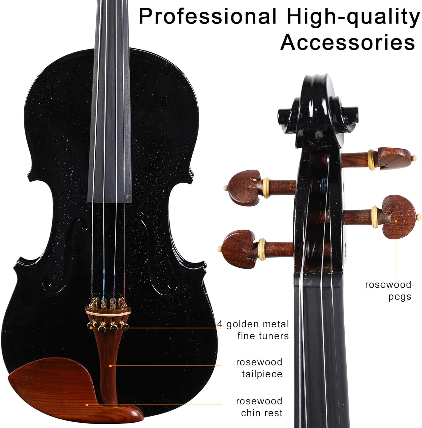 Black Violin 4/4 Full Size Complete Set for Adults Teenagers Students,Solid Maple Wood Violins with Rosewood Fittings,Case,Spare strings,Bow,Rosin,Shoulder Rest,Professional Violin for 11+years Gift