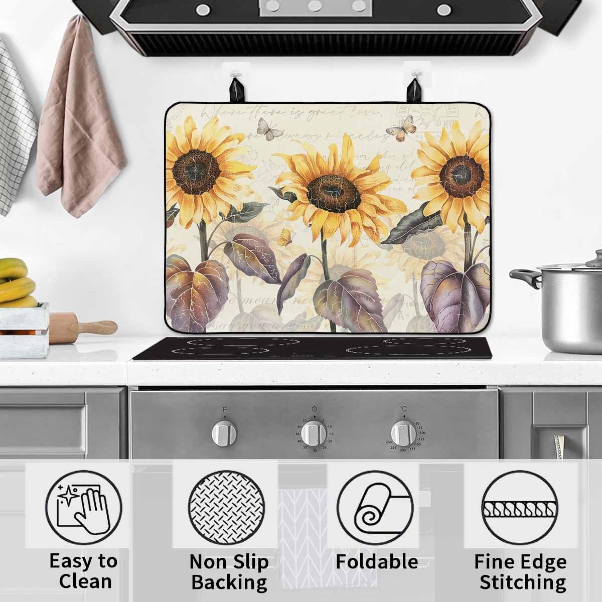 Floral Stove Cover for Electric Stove, Retro Sunflower Butterfly Country Style Stove Top Cover for Glass Top, Heat Resistant Rubber Mat Foldable Cooktop Cover Top Protector,28.5"x20.5"