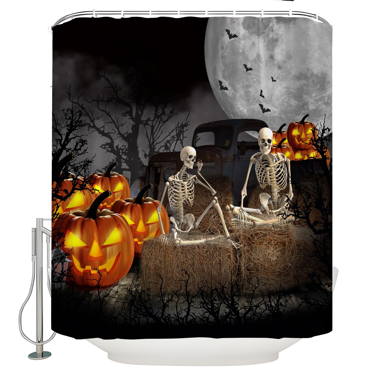 JIRGIXA Spooky Halloween Shower Curtain - Skull Skeleton Mushroom Gothic Bathroom Decor - View #2