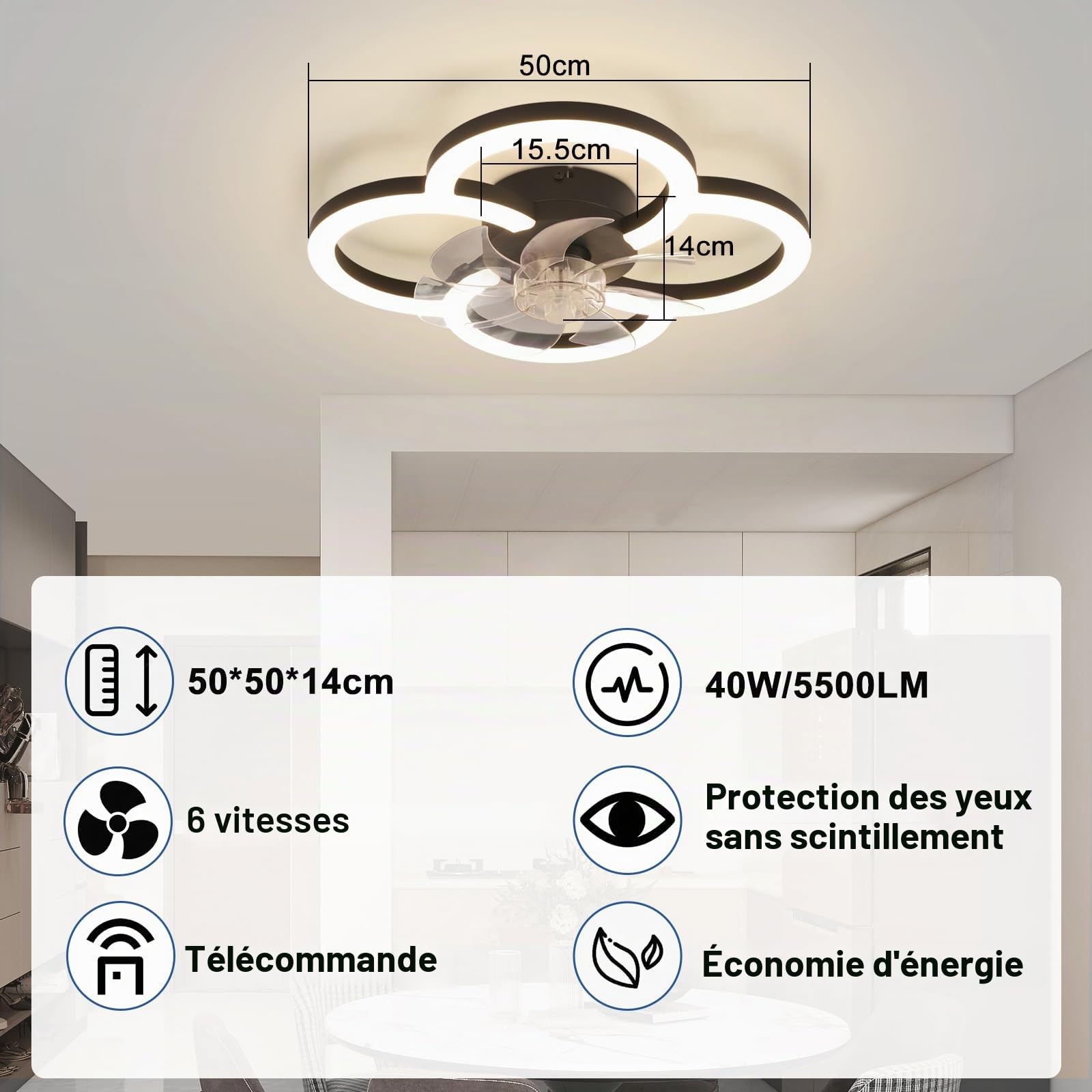 Homefire LED Ventilateur De Plafond Avec Lumiere 40W Noir Moderne Dimmable