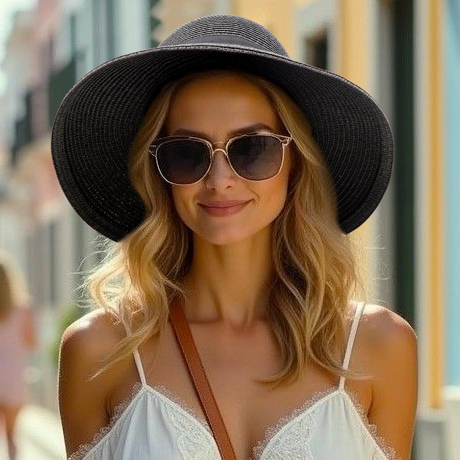 DRESHOW Sombreros de Sol Para Mujeres Sombrero de Sol de Playa Plegable Sombrero de Paja de Ala Ancha con Nudo UPF 50+