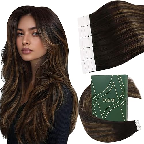Ugeat Brown Ombre Tape Hair Extensions Balayage Tape in Hair Extensions Human Hair Dark Brown Mix Medium Brown Straight Short Natural Hair for Girl Daily Wear 14Inch 40G 20Pcs