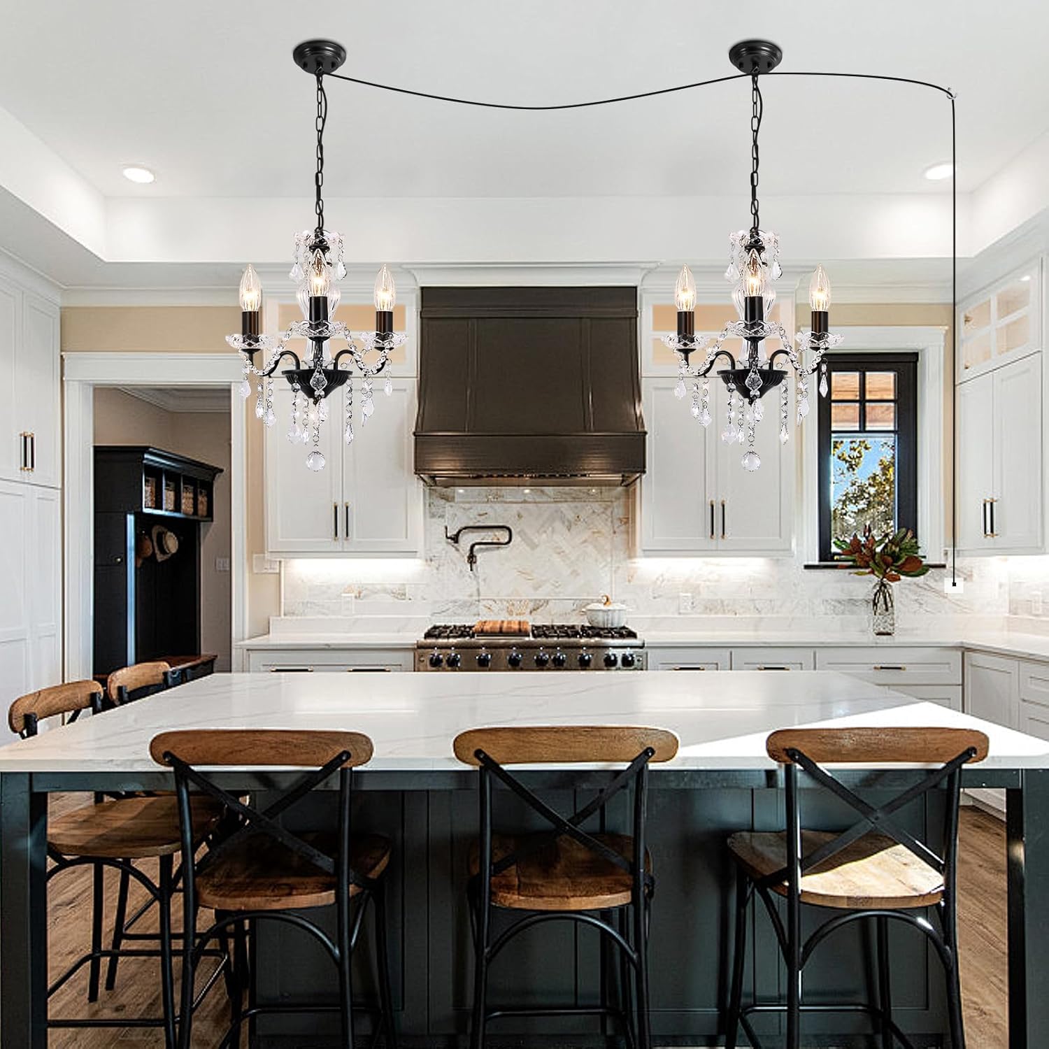 Plug in Chandelier with Glass Crystals, 3-Light Black Miniature Crystal Chandelier, Modern Antique Pendant Light for Small Spaces, Bedroom Kitchen Island Entryway Covered Patio, E12 Base