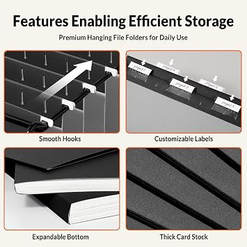 SUNEE 25 Pack Hanging File Folders, Black Folders, Hanging File Folders Letter Size with 1/5-cut Tabs, Stay Organized for Your Home and Office Bulk File and Documents