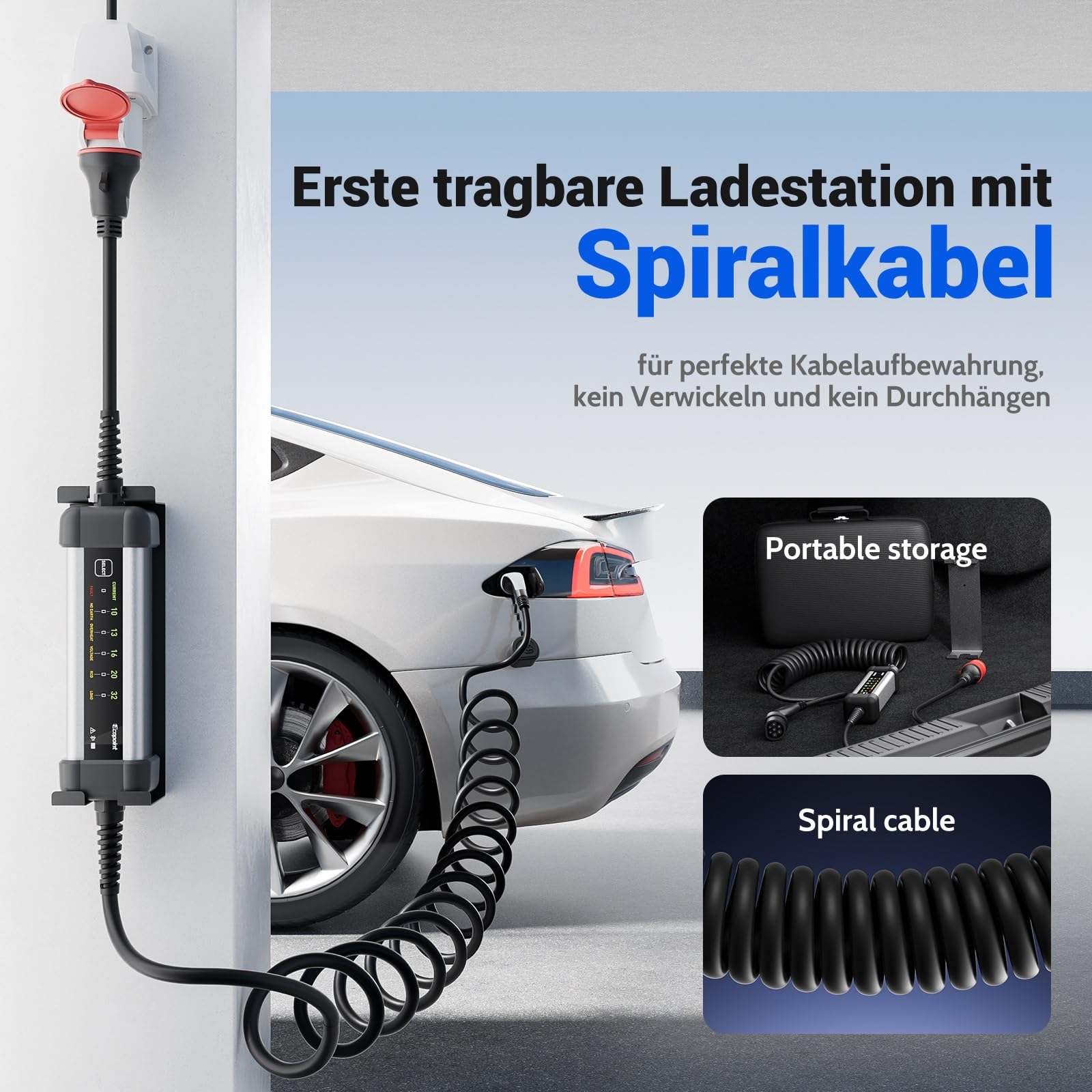 3-Phasen Mobile Wallbox 22kW mit APP, Typ 2, Aluminiumgehäuse, 5 m Ladekabel, EV Ladegerät mit CEE Stecker, IP66 Wasserdicht, Ladestation für alle EVs und PHEVs (10-32A, Spiralkabel)