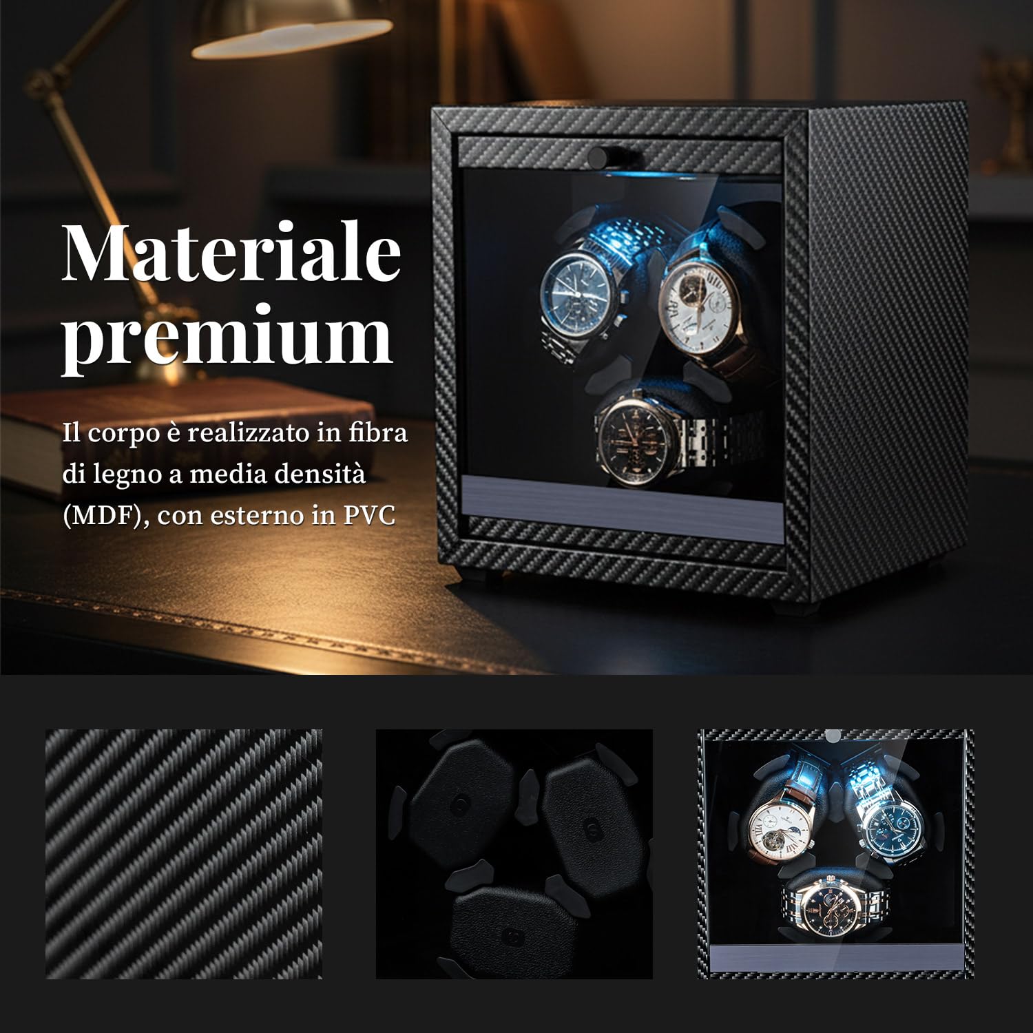 Mcbazel Scatola Per Carica Automatico Per Orologi Ultra Silenziosa, 4 Modalità di Rotazione con Luce LED Blu, Scatola Programmabile per 3 Orologi, Custodia Per Orologi Alimentata da USB con Foam