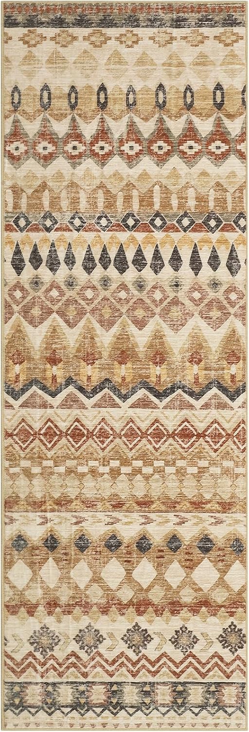 Runner Rug for Hallways 2'x 6' Washable Soft Throw Rug Non Slip Non Shedding Farmhouse Carpet Runner Foldable Low Pile Geometric Diamond Pattern Area Rug for Bathroom Bedroom, Beige