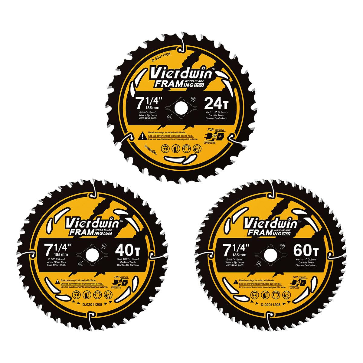 7-1/4 Inch Circular Saw Blades Combo (24T/40T/60T) - 5/8" Arbor Carbide-Tipped for Wood, Plywood, MDF, Hardwood, Softwood - Fits Circular & Cordless Saws