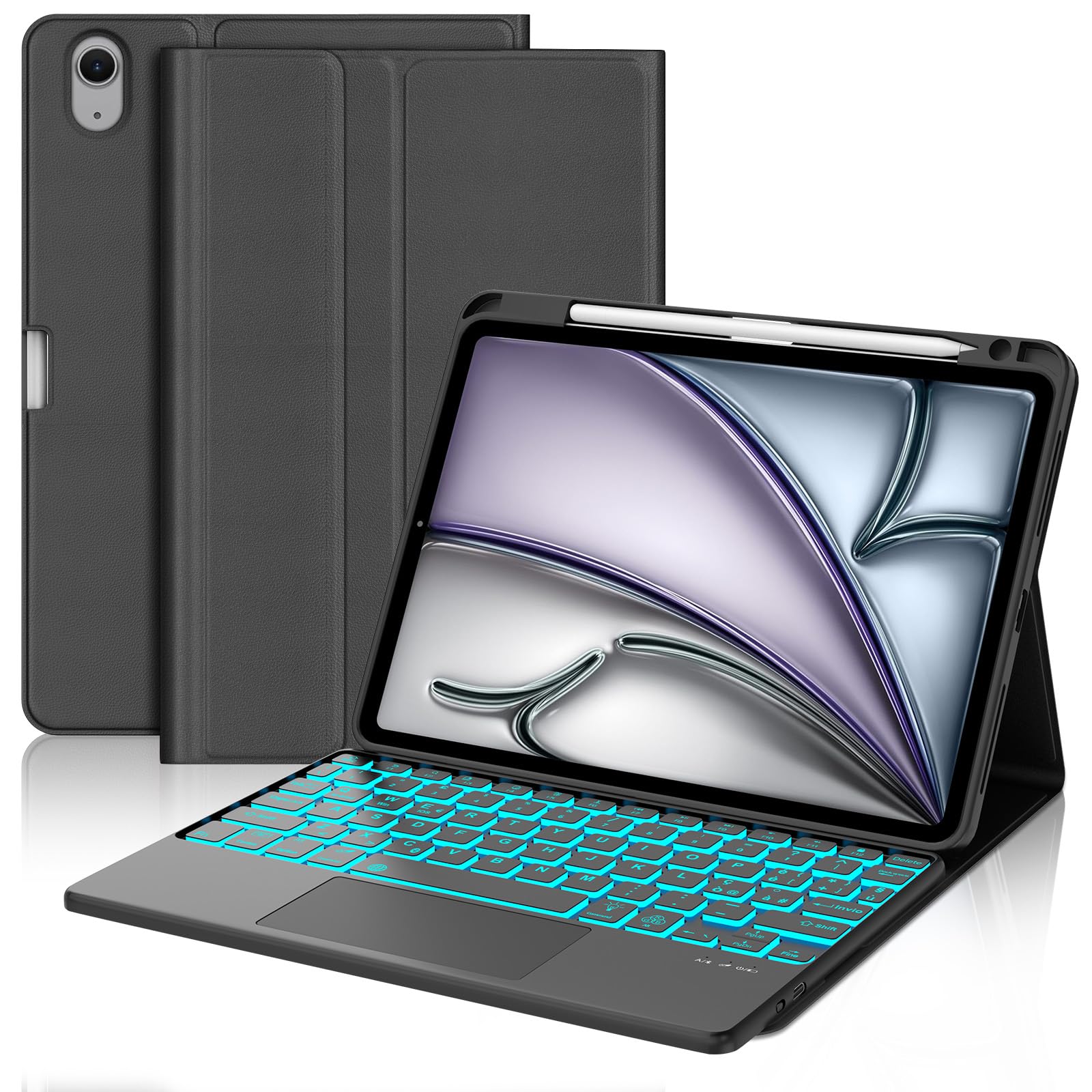 FOGARI Per iPad Air 11/ 5ª/4ª generazione e iPad Pro 11 Cover Tastiera | Tastiera Bluetooth Rimovibile con Retroilluminazione 7 colori e Touchpad per iPad Air 11 M4 2026/M3 2025/M2 2024, Nero
