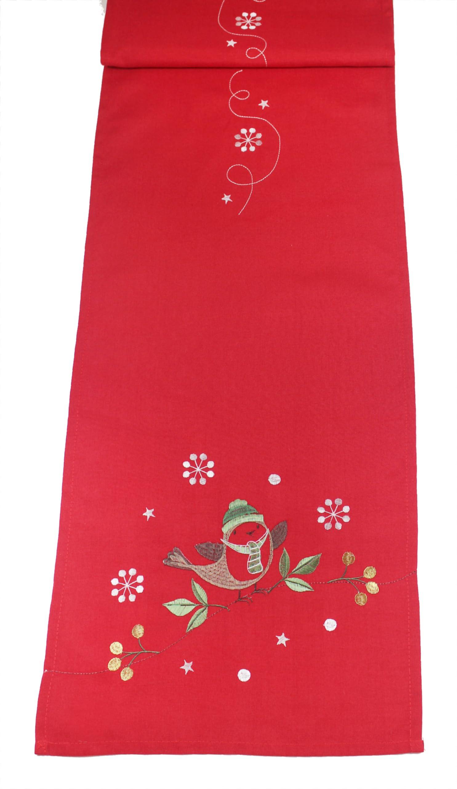 Chirpy Embroidered Christmas Robin Table Runner - 14" x 75"