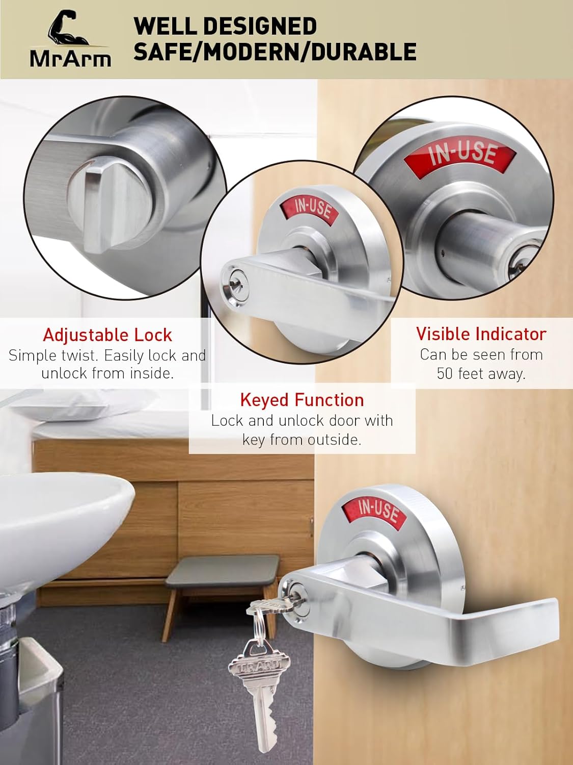 MrArm Keyed Entry Privacy Indicator Lock, Large Grade 2 Commercial Door Handle, Bathroom Door Handle Perfect for Public Restrooms Including Restaurants, Hospitals, Medical Offices, Satin Chrome