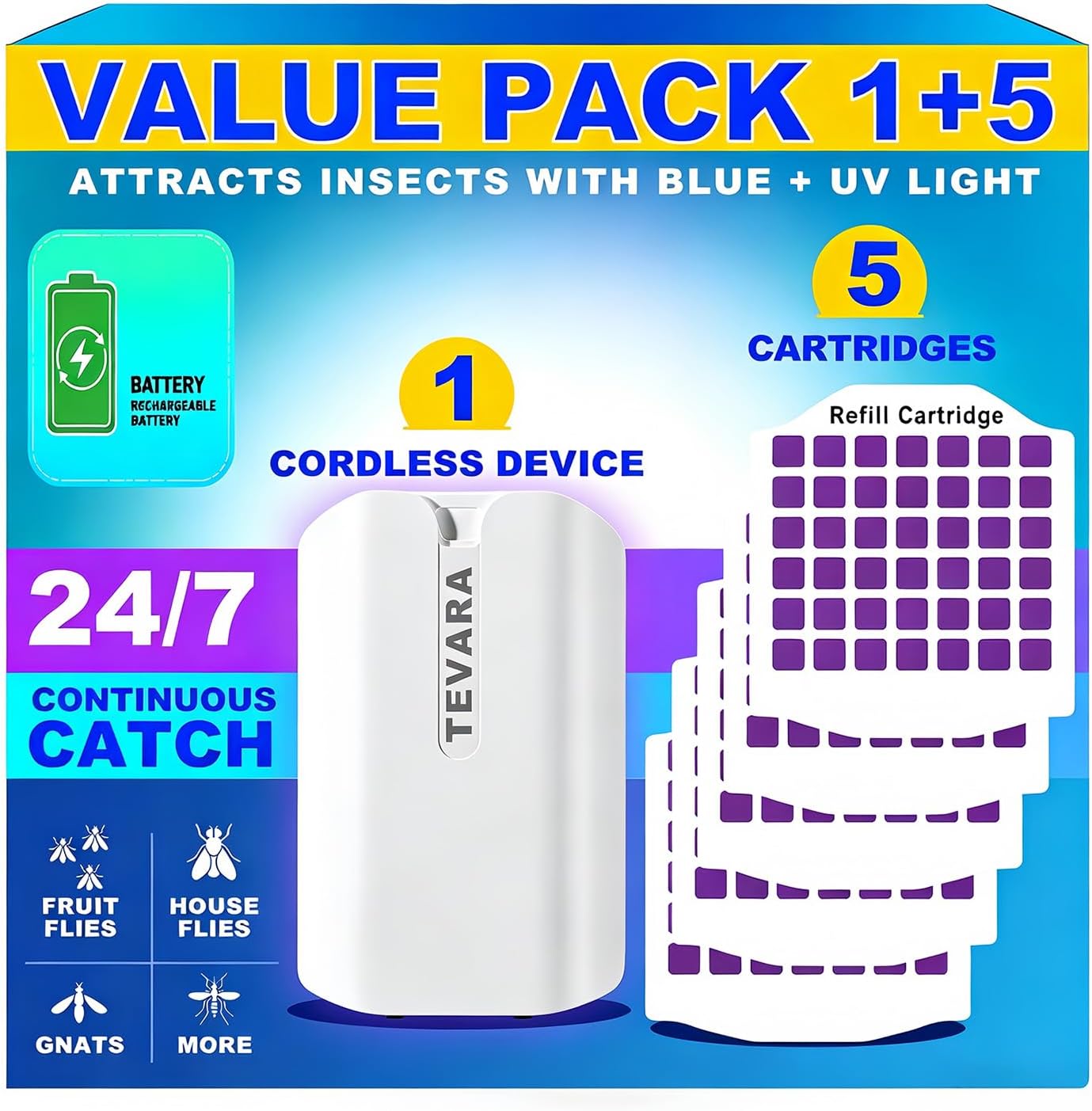 Cordless Flying Insect Trap Indoor, 4000mAh Rechargeable UV Light Bug Catcher for Moths Gnats Fruit Flies, 2-in-1 Night Light Mode Fly Trap for Home Kitchen Garage RV (1 Device & 5 Cartridge)