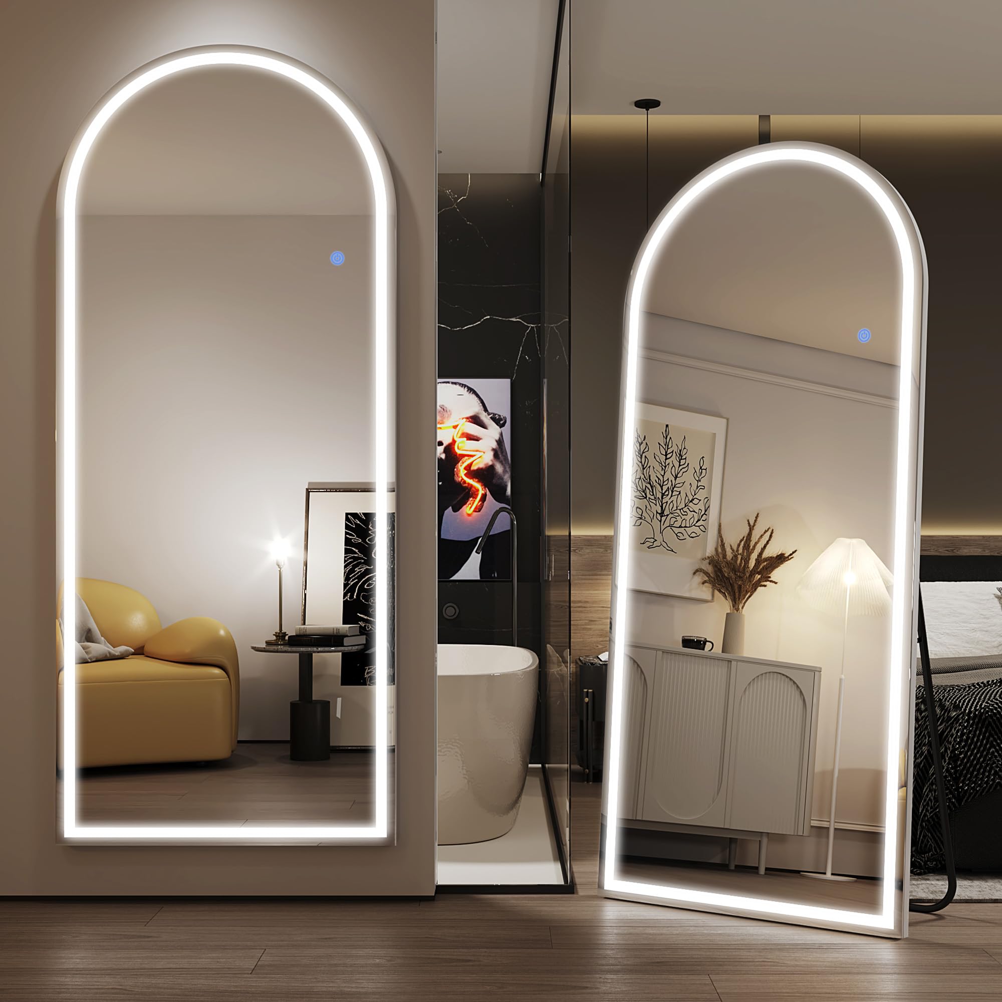 Antok LED Full Length Mirror, 71" x 28" Lighted Floor Standing LED Mirror Full Length,Hanging Mirrors with Stand Free Standing Floor Mirrors for Bedroom (Rect): 71"L x 28"W Arched Style White