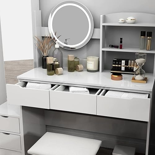 Miniatura 5 de ROMOZ Escritorio de tocador de maquillaje de 63 pulgadas con luz táctil ajustable de 3 colores espejo de tocador de madera con 5 cajones para