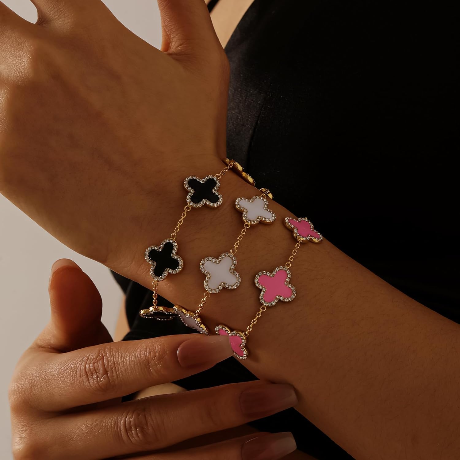 Qitian Clover Bracelet for Women 18K Gold Four Leaf Pink Lucky Link Clover Bracelets, Trendy Bracelets Set Jewelry Gifts for Women - Image 3