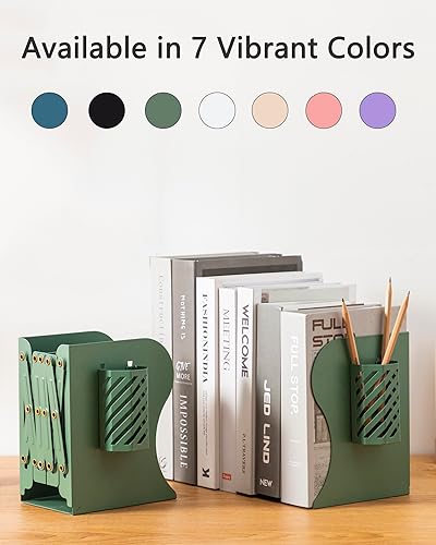 Miniatura 5 de Kingsmile Sujetalibros ajustables para estantes, sujetalibros de metal para libros pesados, organizador de tapón de libro con soporte para bolígrafo