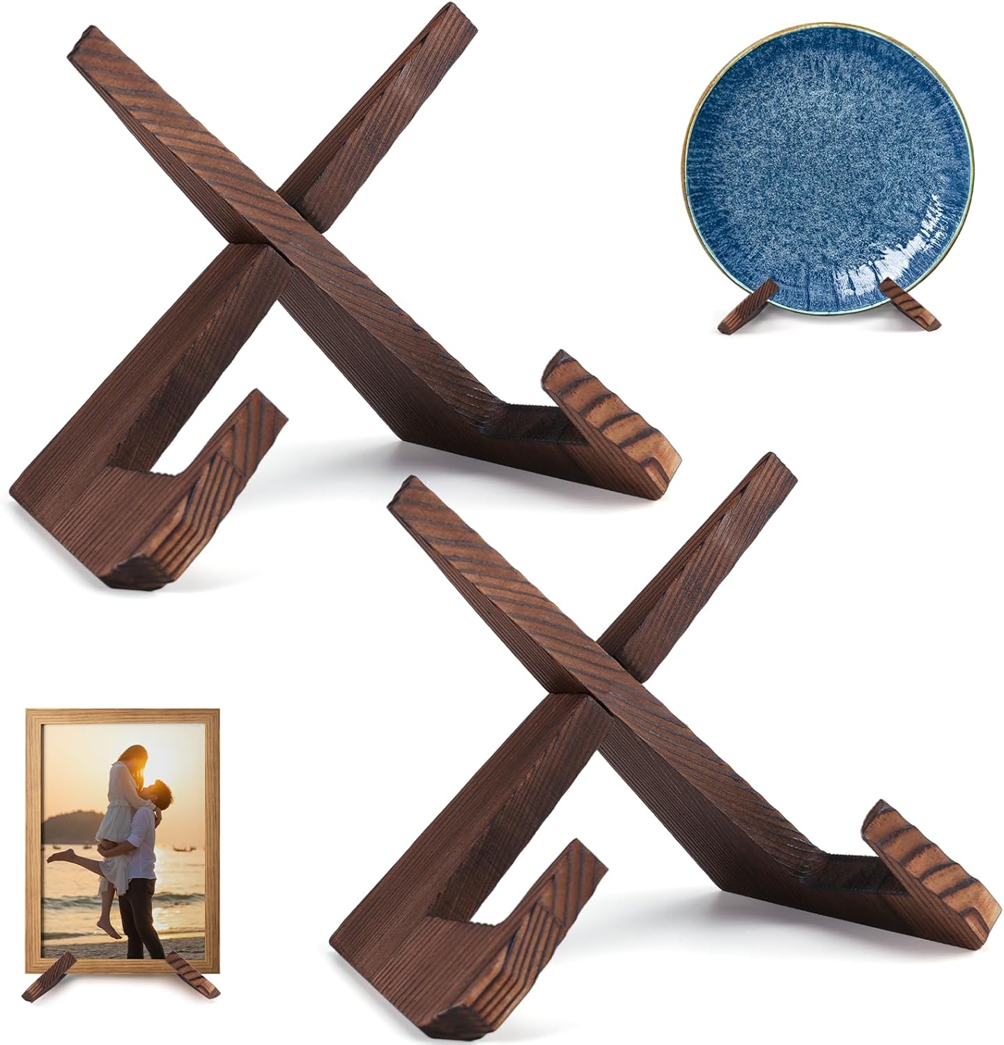 XKDOUS 2 Pack Plate Stand for Display, 6.5 Inch Wood Plate Display Holders, Picture Frame Holder, Cookbook Stand Recipe Book Holder for Book, Plate, Photo, Decorative Table Top Easels