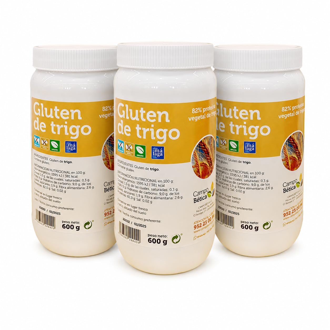 Pack 3 Gluten de Trigo CampoBética 600 g, 1,8 kg total, 82% proteína vegetal, 100% vegano, sin azúcares añadidos, sin leche soja ni huevo, ideal para seitán casero.