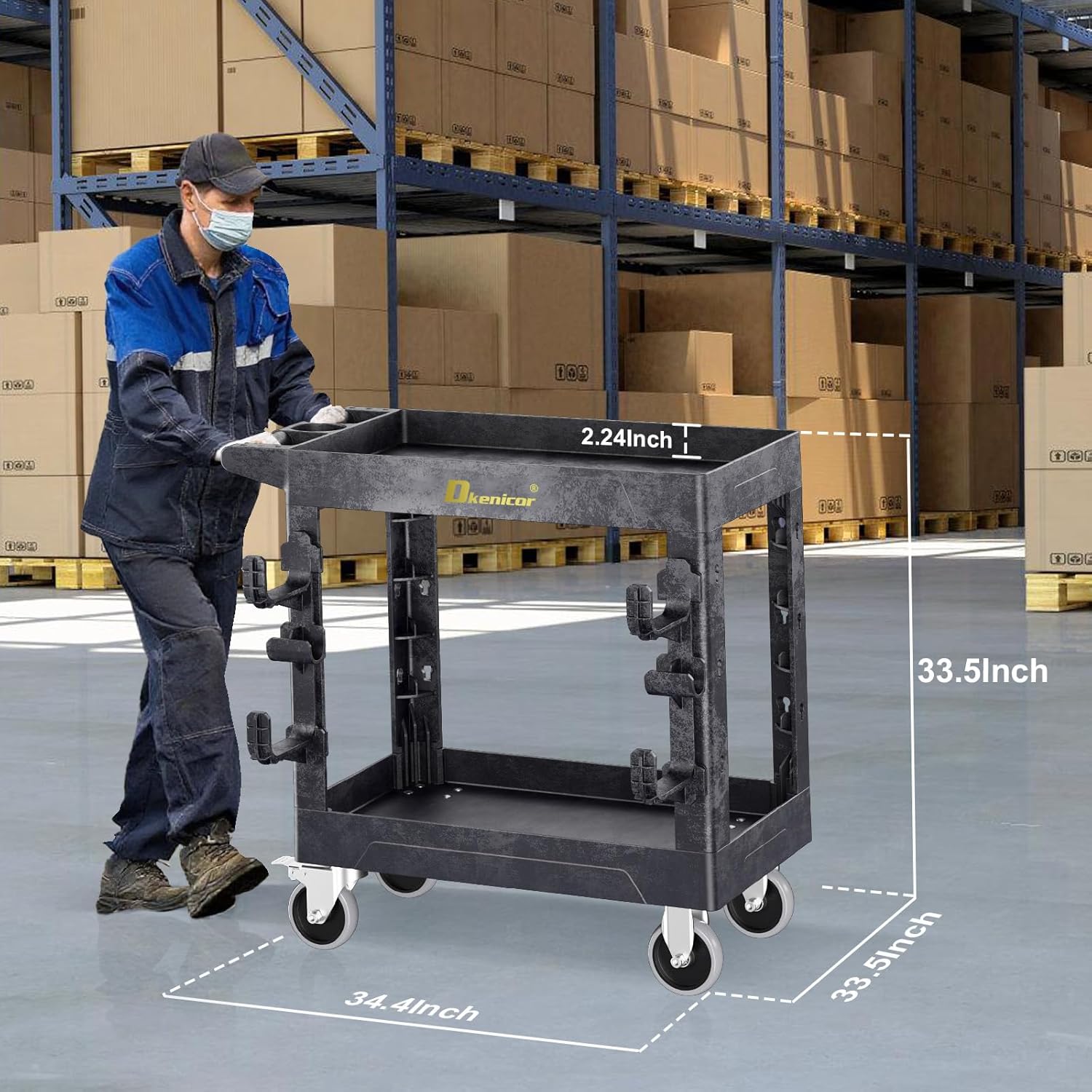 Heavy Duty Plastic Utility Cart 850Lbs, 34" x 17" Rolling Work Cart with Wheels - 2 Tier Service Cart for Warehouse/Garage/Garden - Upgraded 2 Side Tube Hooks, 360° Swivel Lockable Wheels