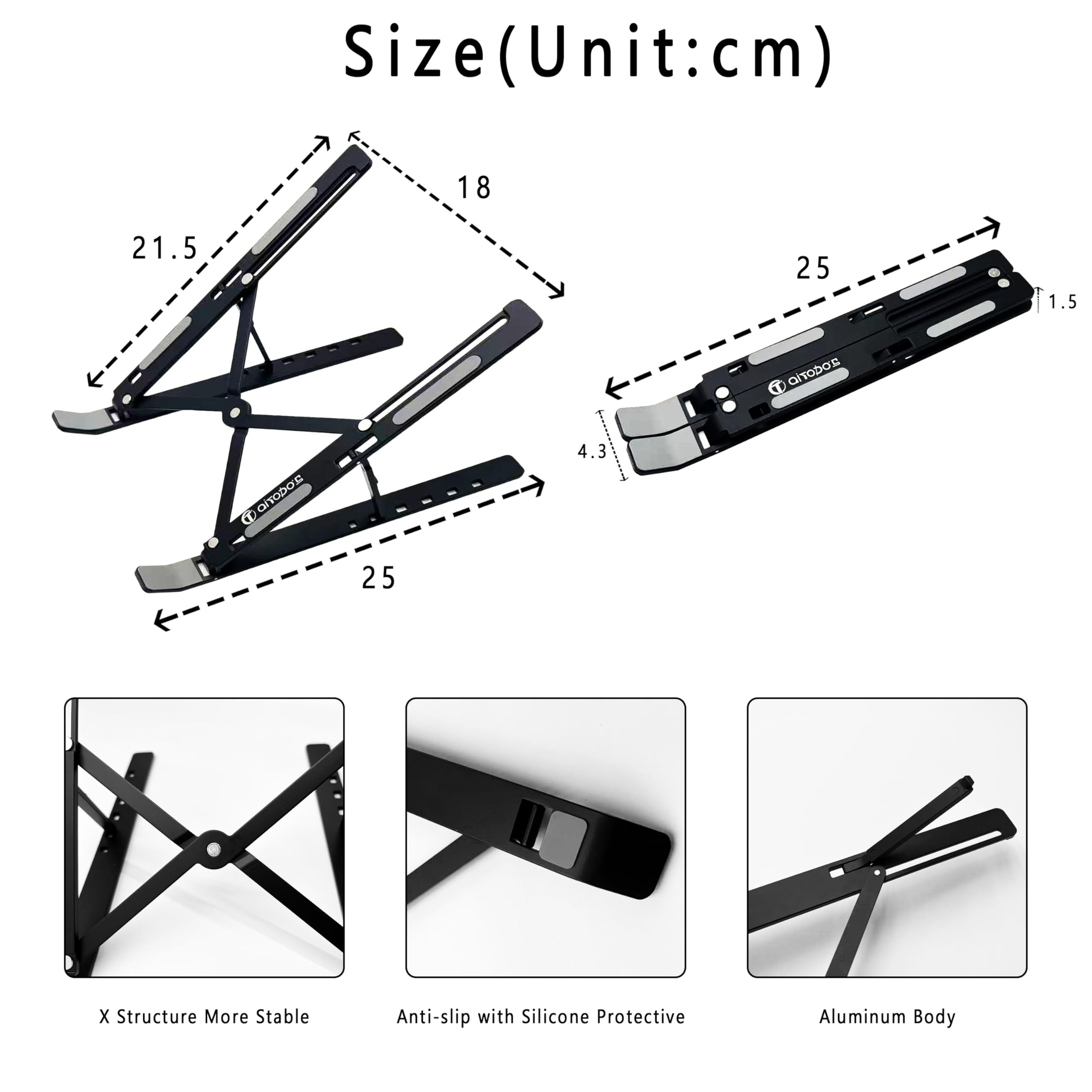AiTodos® Stojak na Laptopa Czarny, Profesjonalny i Minimalistyczny, Regulowany w 6 Pozycjach Antypoślizgowa Stop Aluminium do Biurka i Prezentacji, Kompatybilny z MacBook Pro, Dell XPS, HP - 8–16 Cali