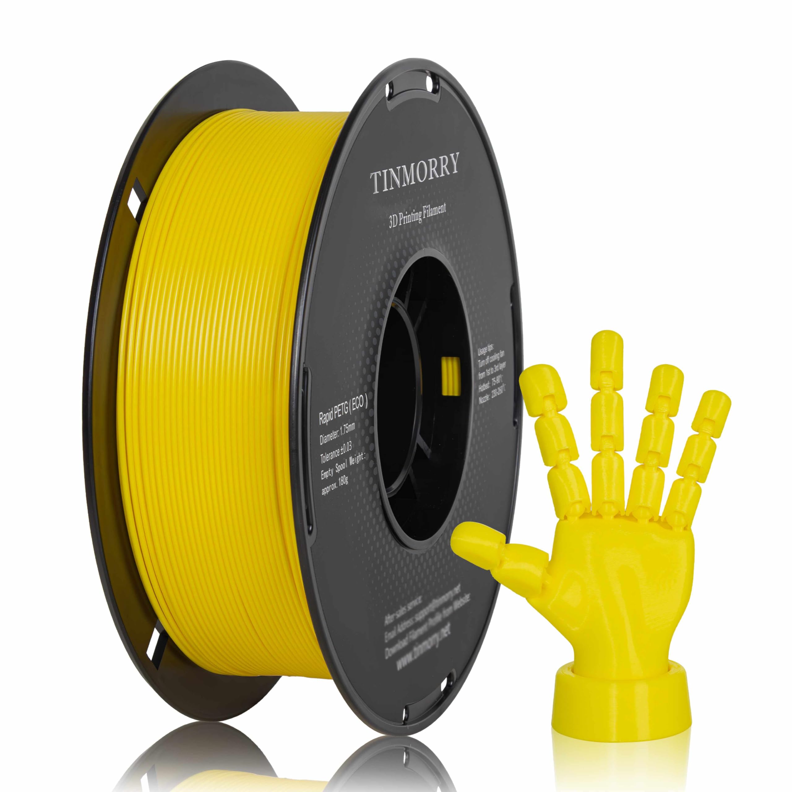 PETG Filament 1.75mm, TINMORRY Rapid PETG-Eco 3D Druck Filament, Kompatibel mit Bambu Lab/Creality K1C / FLASHFORGE Adventurer 5M /Anycubic Kobra 3 / QIDI FDM 3D Drucker, 1 KG 1 Spule, Knallgelb