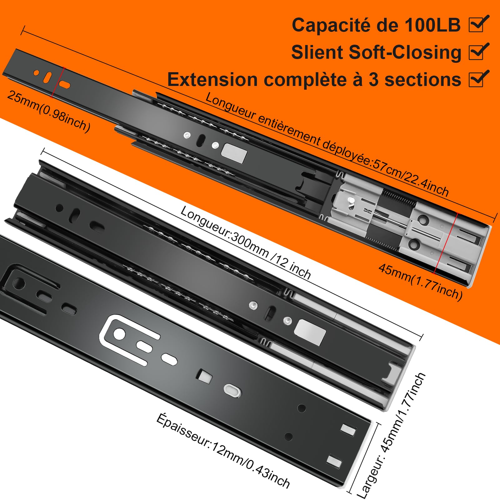 glissières de tiroir 6 paires (12 pièces),30cm glissiere pour tiroir, amortisseur coulisse tiroir avec roulements à billes, montage latéral,extension complète, capacité de charge 45 Kg,noir
