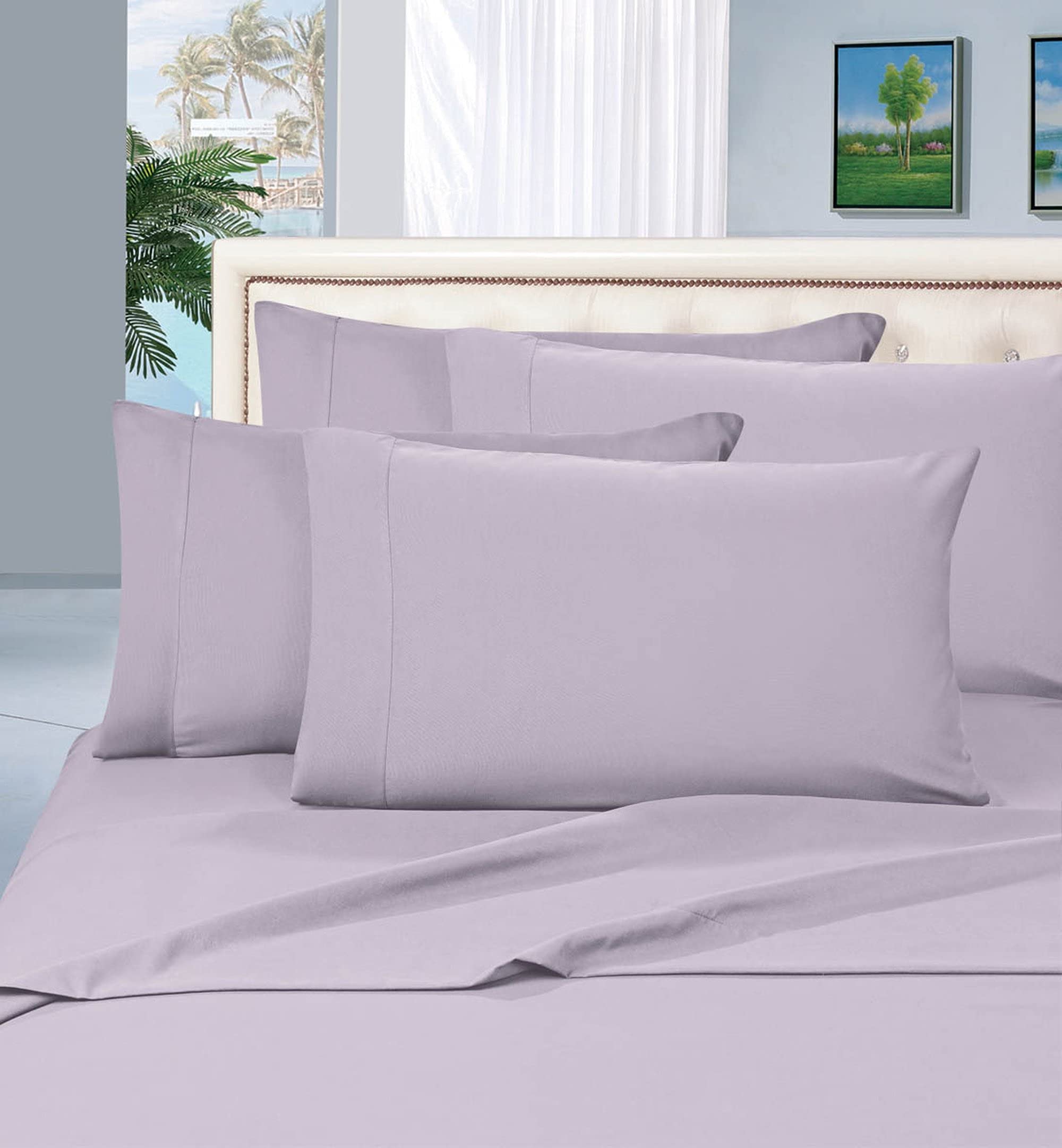 Draps sans pli 1500 fils parure California King lilas confort
