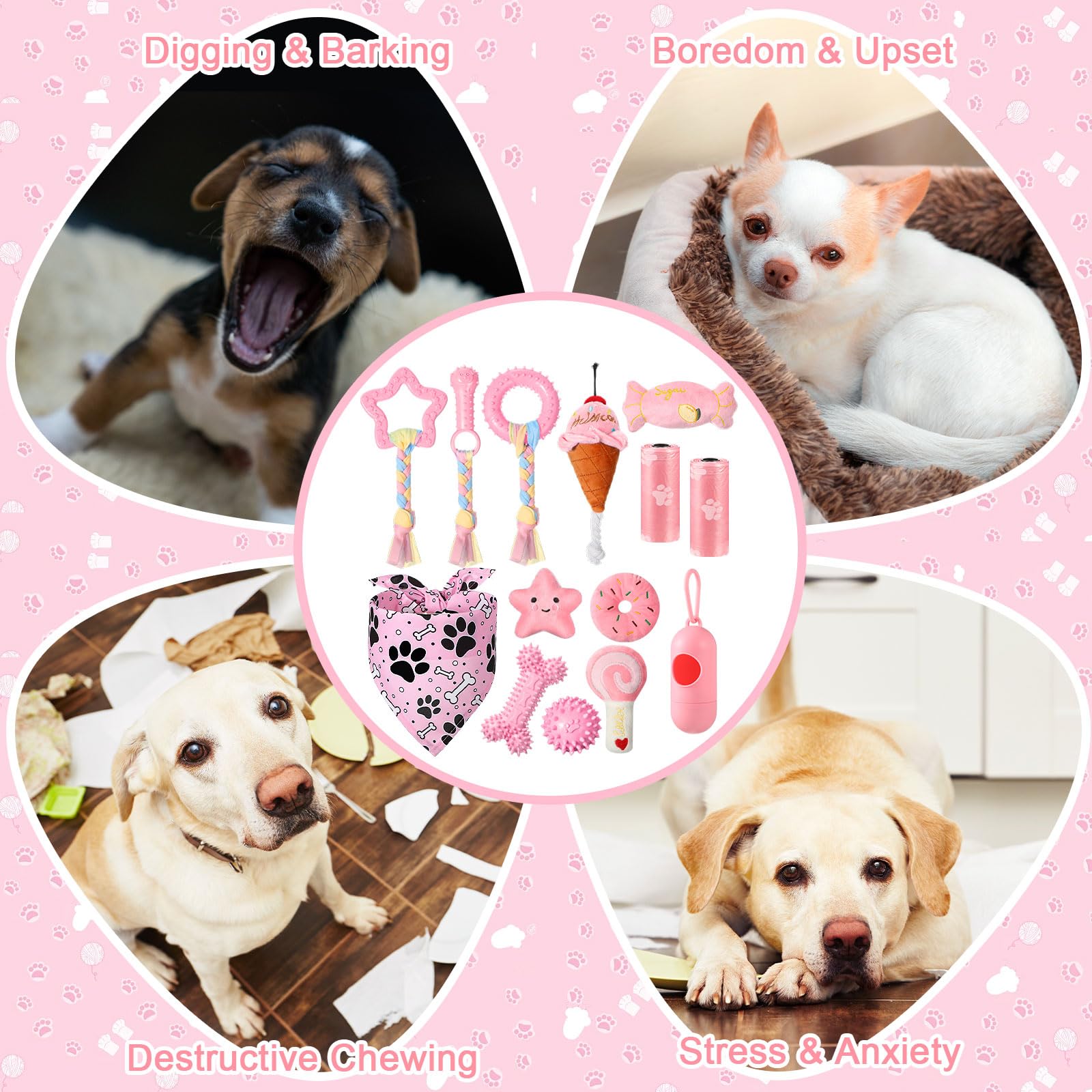 MiniInflat Paquete de 14 juguetes para cachorros para dentición, juguetes masticables para cachorros, perros pequeños, juego de juguetes rosados, lindas bolas de goma suave para limpieza de dientes de