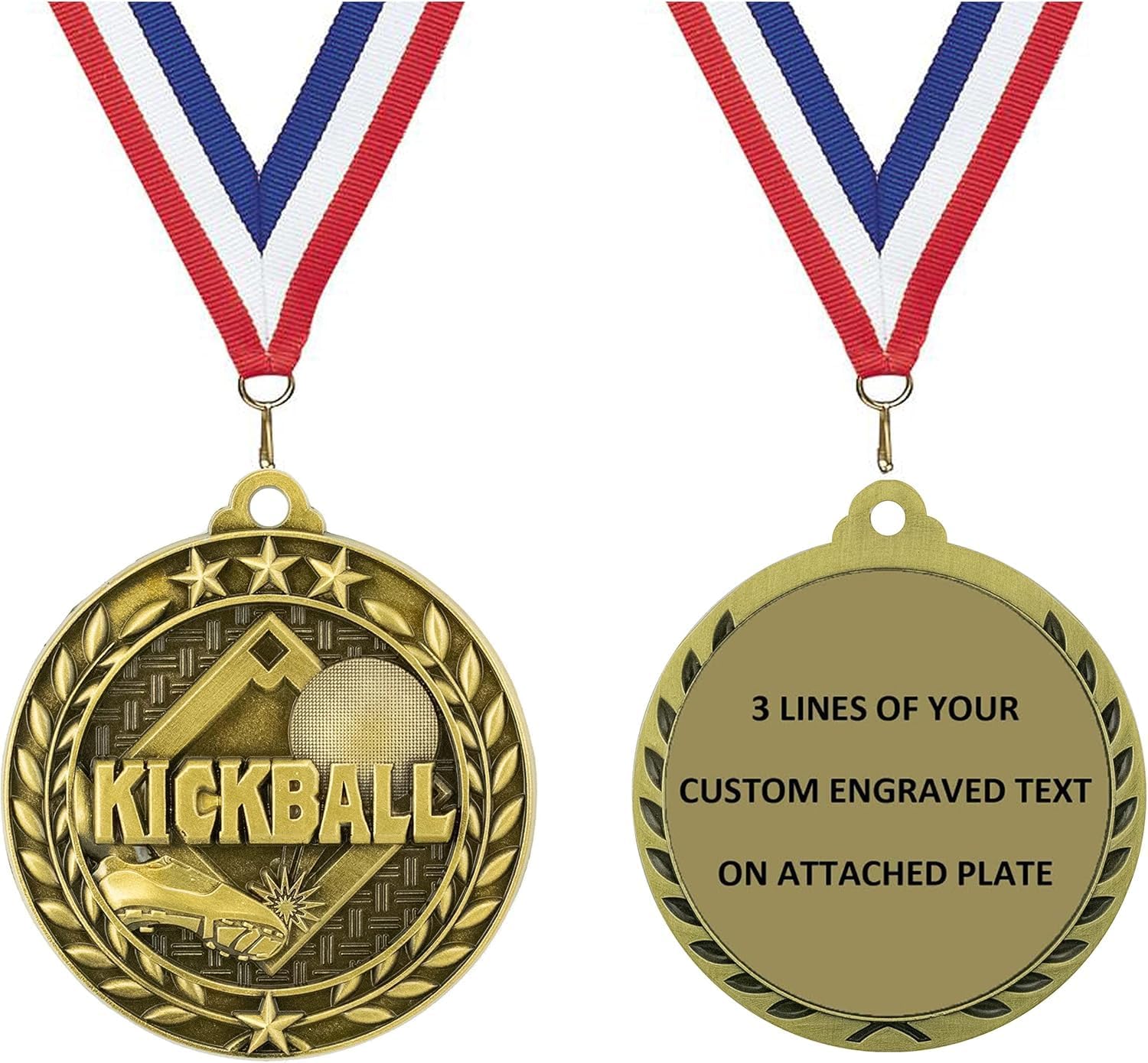 Express Medals Pack of 10 (or More) 1.75 Inch Gold Kickball Award Medals Variations with or Without Engraving Personalization Engraved Custom Text Names