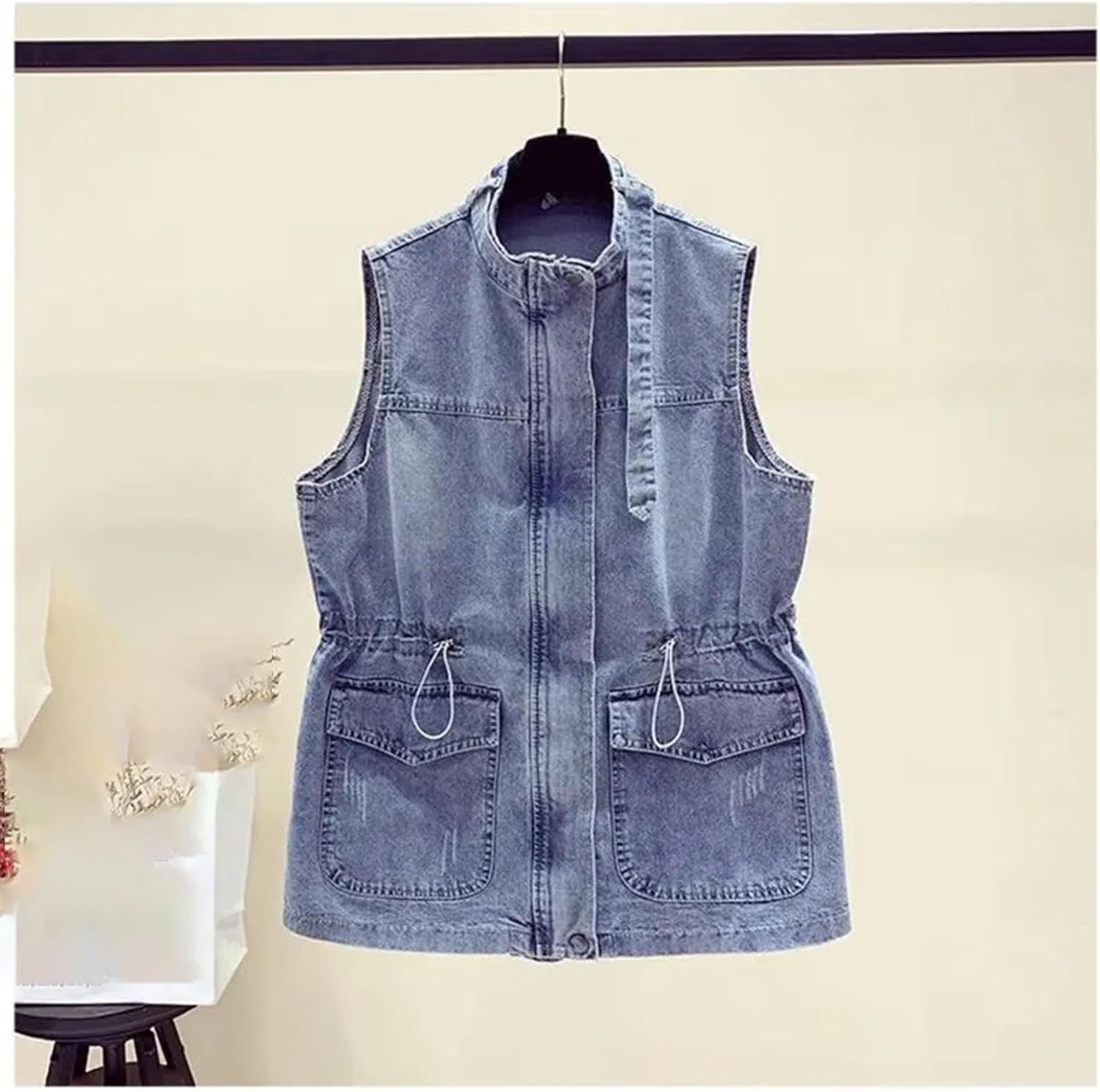 Women Back Slit Denim Vest Long Length Button Up Pocketed Sleeveless Jean Waistcoat