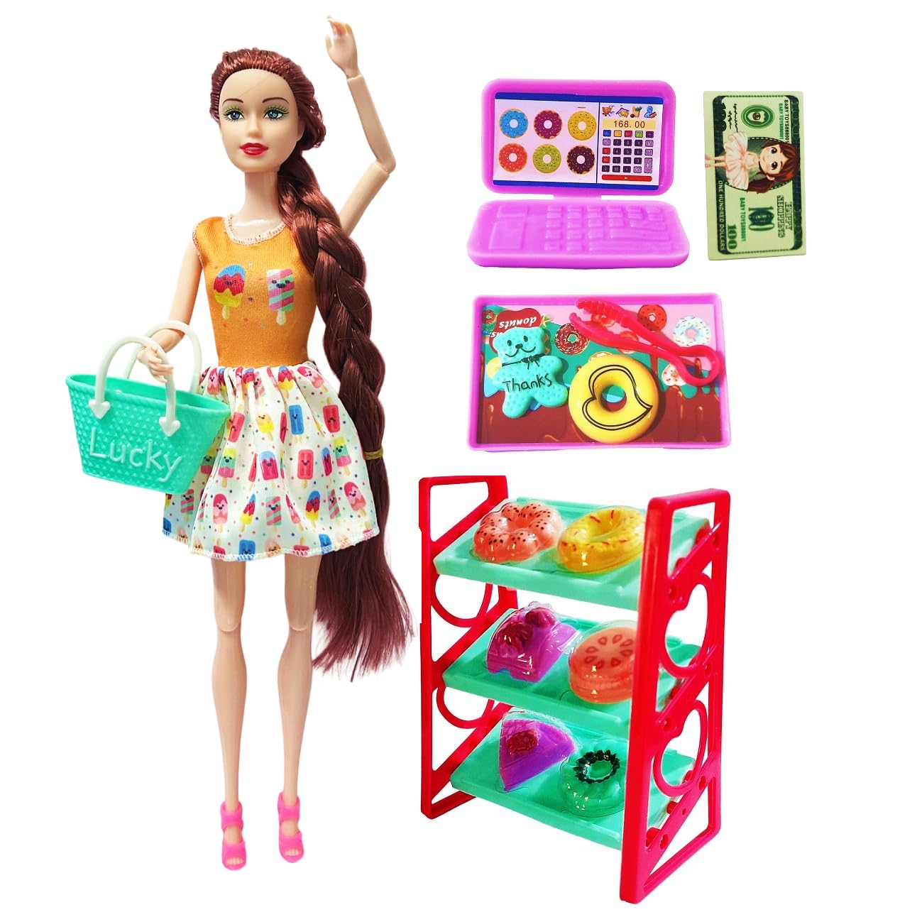 Amitasha Beautiful Long Hair Doll for Kids Girls, Bakery Doll Play Set with Sweets, Food Stand, Cashier Machine, Fake Money Pretend Play Toy (B0D6GJMD7X) Amazon Price History, Amazon Price Tracker