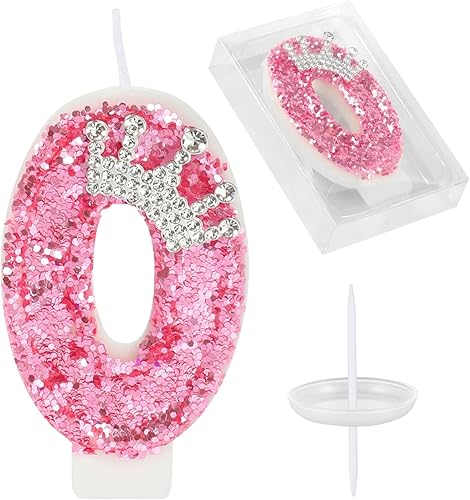 Velas de números de cumpleaños, velas de cumpleaños con corona rosa para pastel, vela con purpurina número 0 adorno para pastel con lentejuelas para