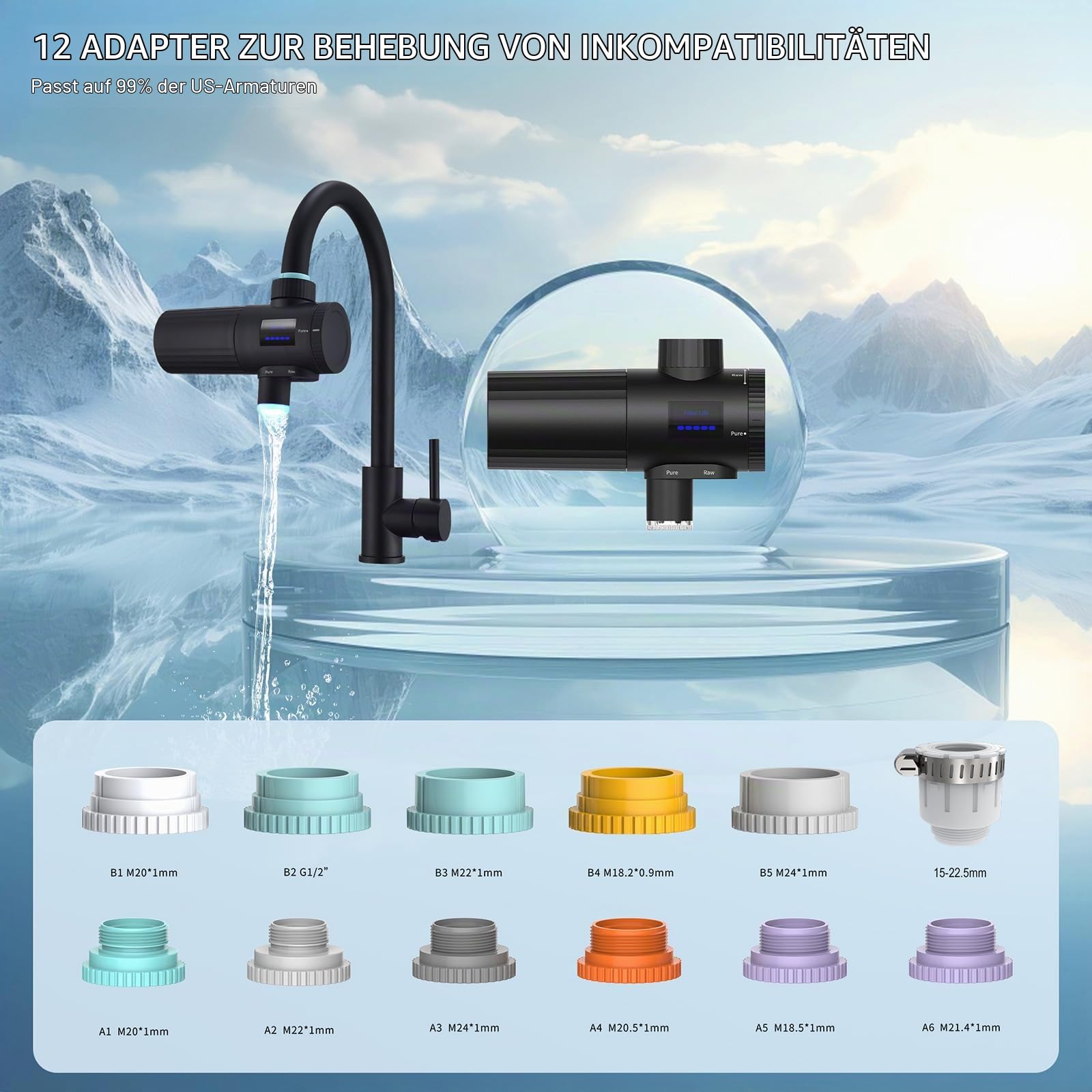 HOMELODY Wasserfilter Wasserhahn 3.0 mit LED-Anzeige, 5 Filter Enthalten & Wasserfilter Trinkwasser für Küche, entfernt Chlor, Schwermetalle & Kalk, verbessert den Geschmack, 12x Adapter