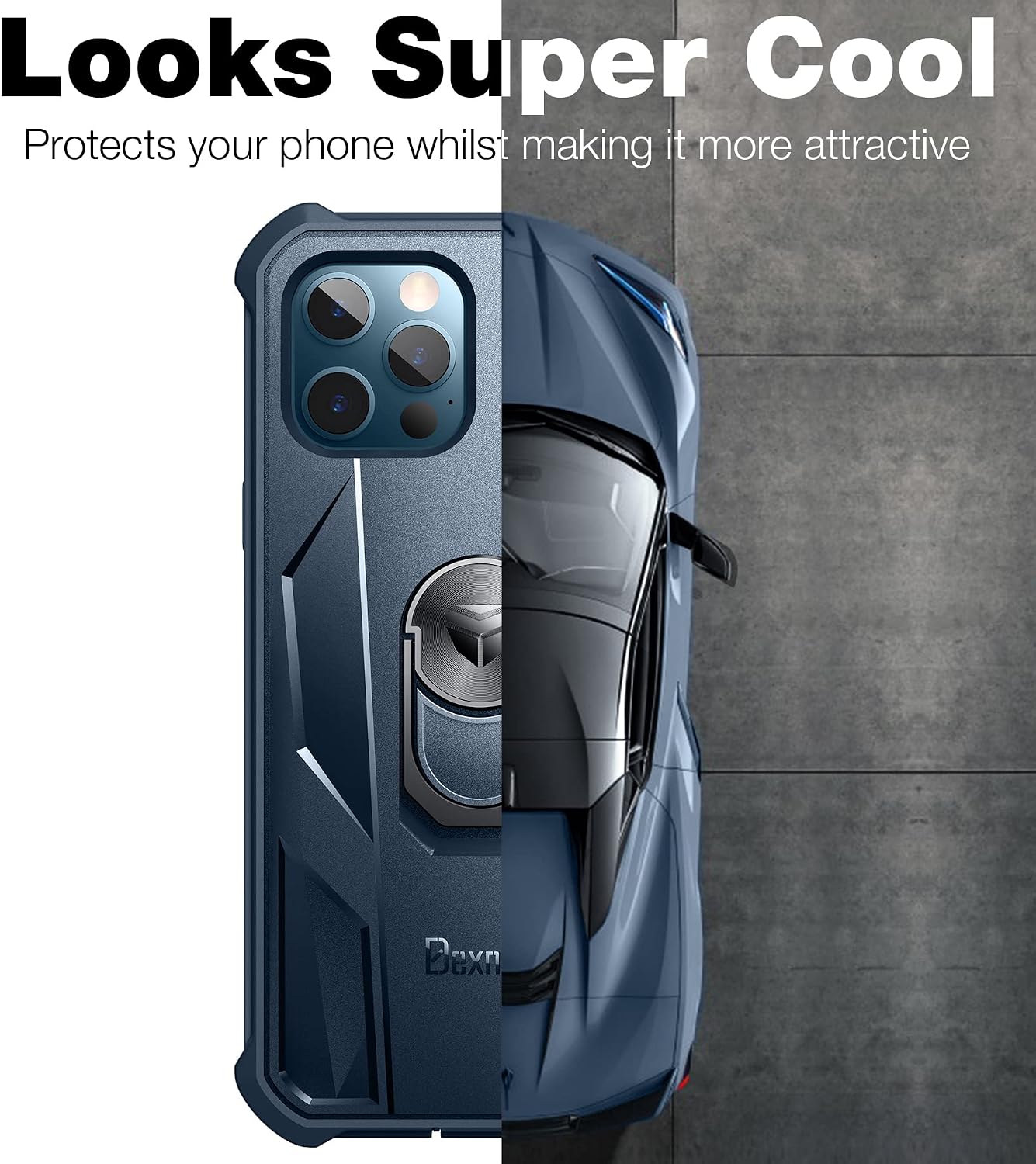 Dexnor Rugged Full Body Case for iPhone 12/12 Pro (6.1 inches) with Screen Protector & Ring Kickstand Car Mount, Slim Shockproof Protective Bumper Cover with Anti Dust Plugs (Navy Blue)