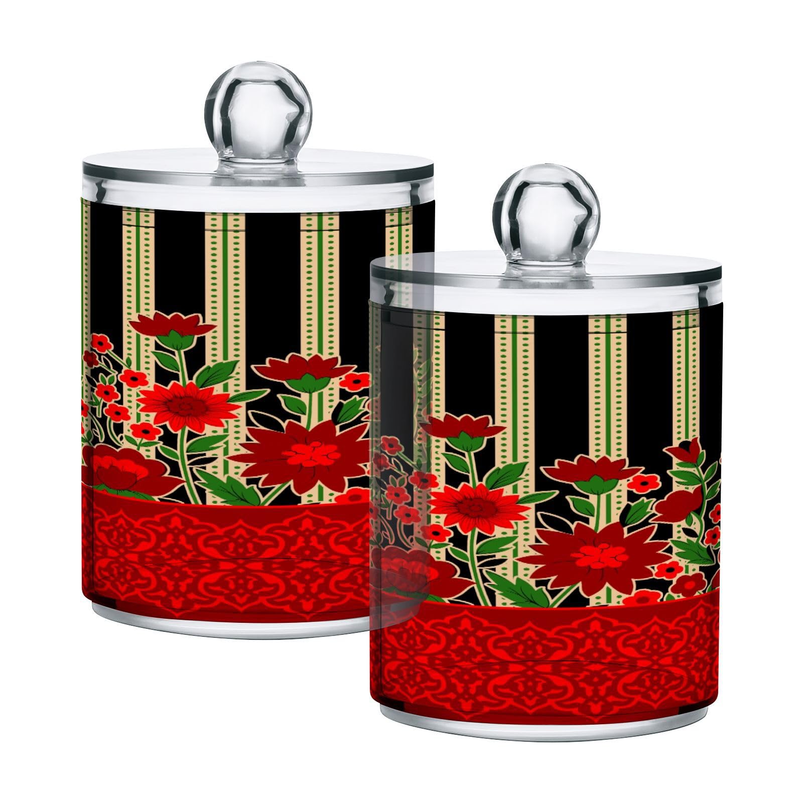 Striped Pattern Restroom Bathroom Organizers with Lid Qtip Holder Dispenser Apothecary Jars Cotton Balls Pads Swabs Holder Jar