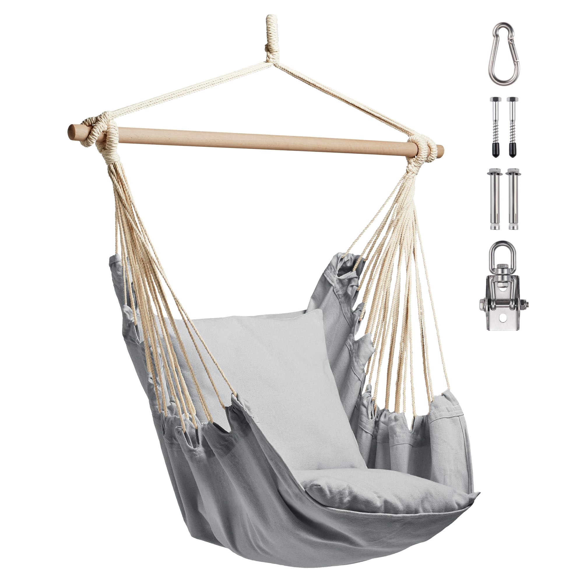 VonHaus Hanging Chair Outdoor with Attachments – Grey Garden Swing Seat & Hammock Chair, 1 Seater Rope Neutral Boho Style Portable Garden Seat for Garden, Patio, Terrace & Decking