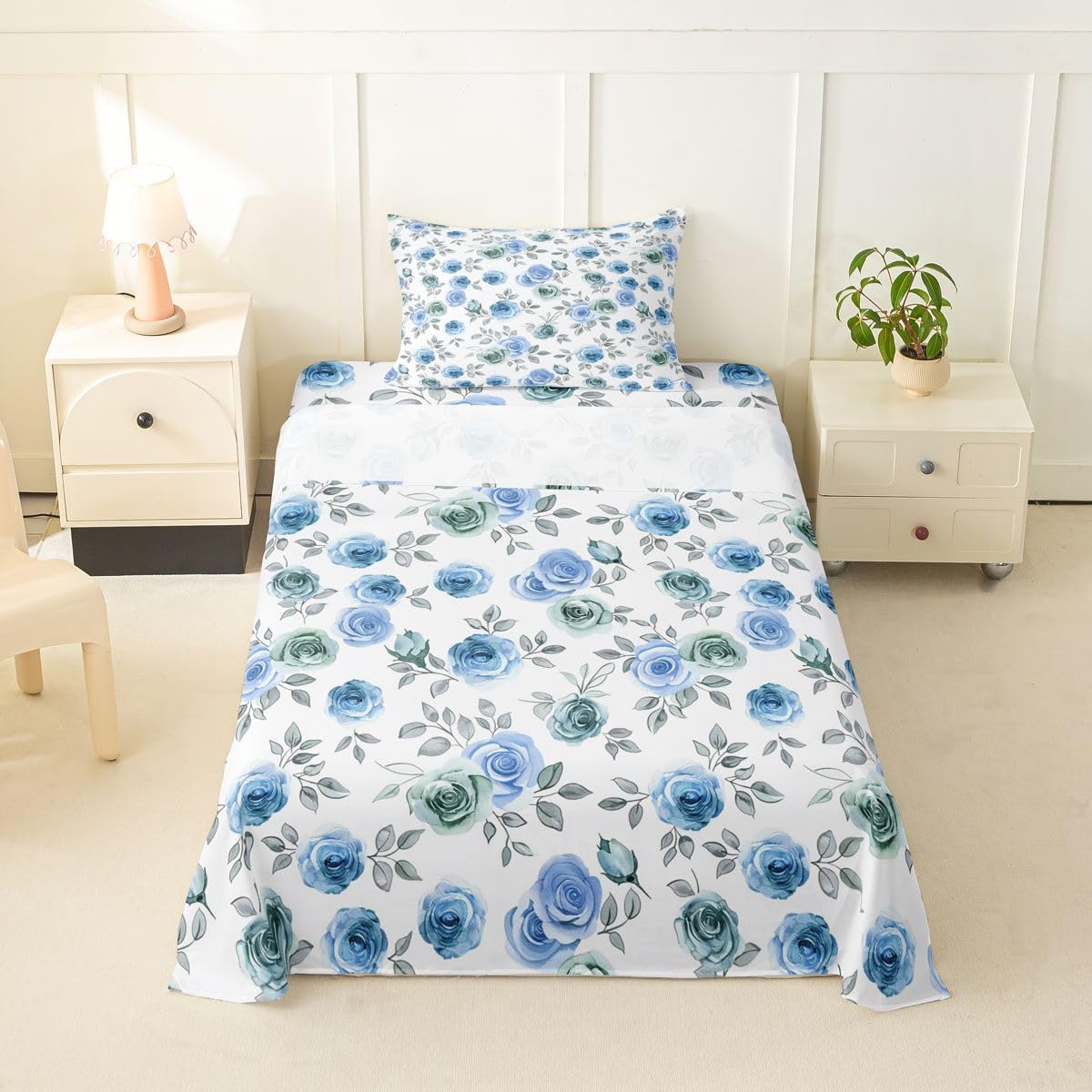 Erosebridal Blue and Green Floral Sheet Set Cool Vintage Twin Sheets Set for Toddler Boys,Boho Flowers Green Leaves Modern Classic Luxury Style Fitted Sheet