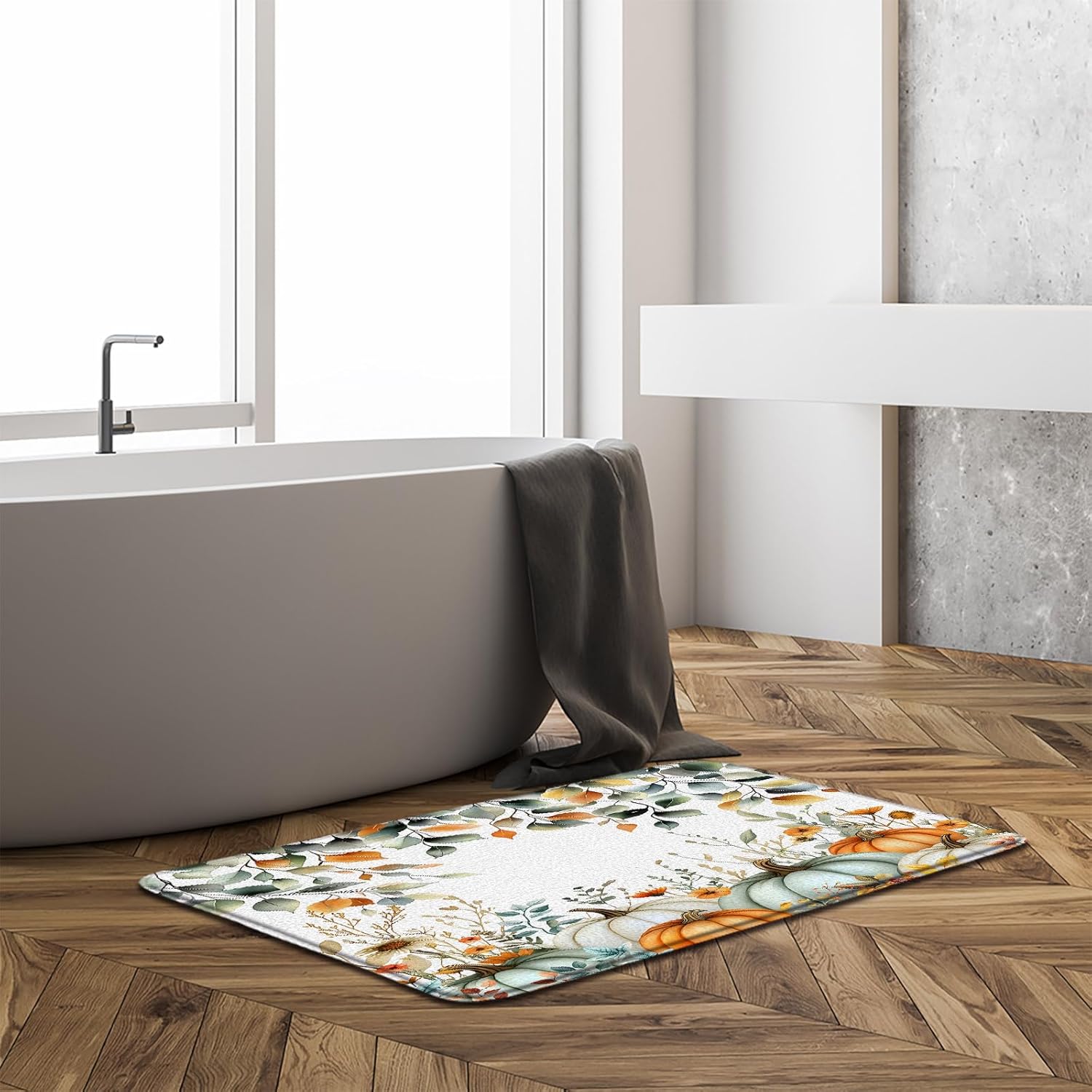 Fall Pumpkin Leaves Bath Mat Thanksgiving Pumpkins Watercolor Eucalyptus Leaf Autumn Harvest Floral 24"x60" Microfiber Memory Foam Bathroom Kitchen Toilet Floor Decor Mat