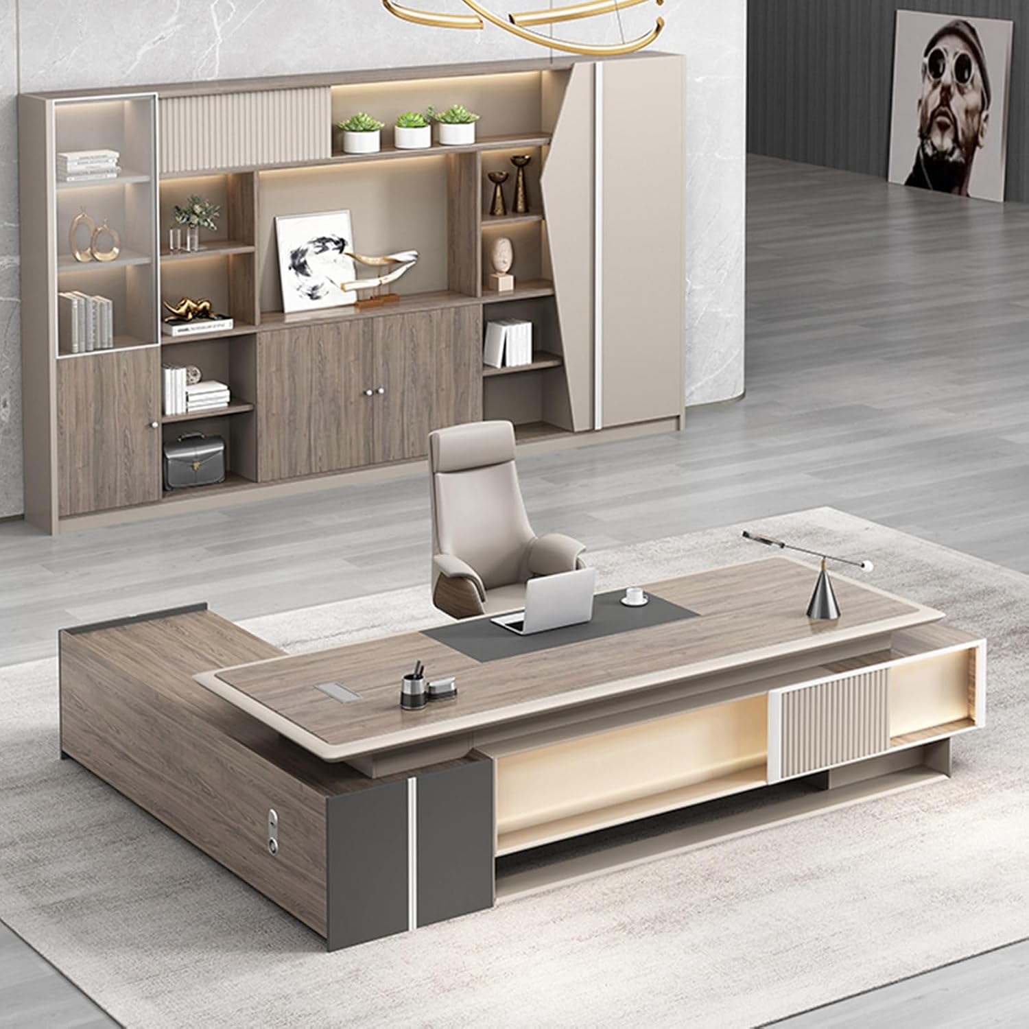 Grey L Shaped Executive Office Desk Computer Desk with Lateral Cabinet Writing Study Table Business Furniture Set for CEO Boss