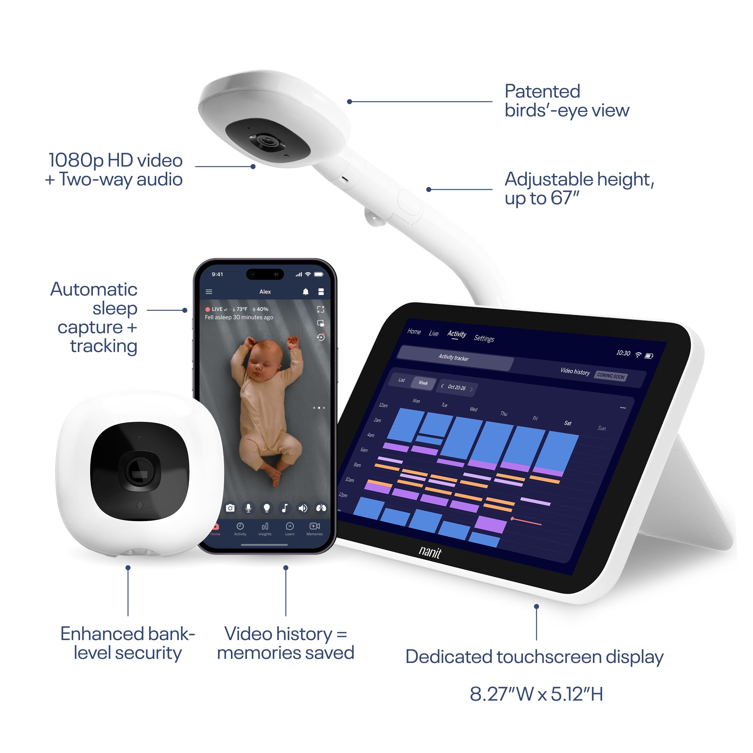 Nanit Smart Baby Monitor System with Floor Stand - Crystal-Clear Video, Real-Time Notifications, Sleep Insights - 8-inch Display/App Integration - Baby Must Haves for Parents - 3