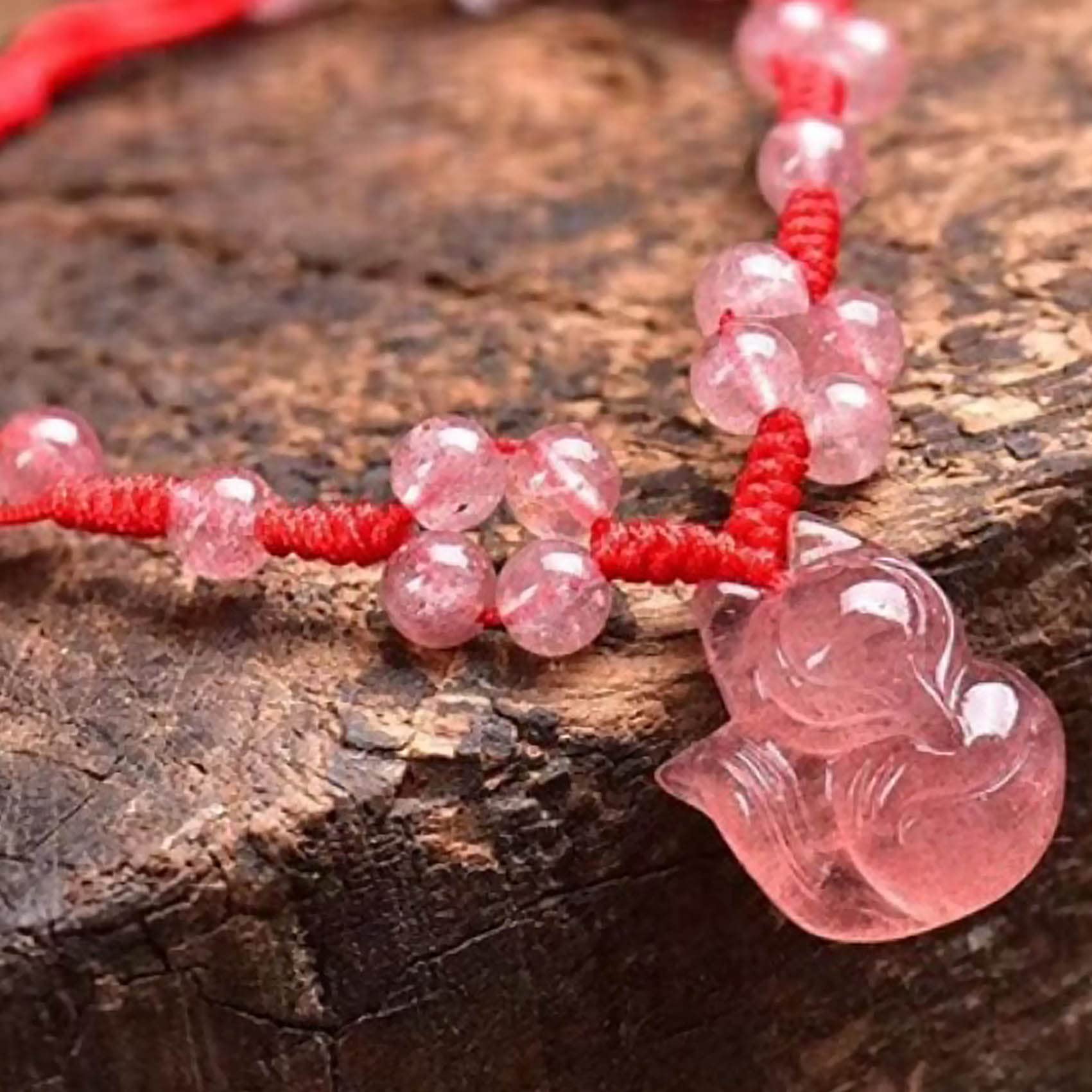 Tobillera Feng Shui Tobillera de Cuarzo Fresa Pulsera de Tobillo con Dije de Zorro de Nueve Colas Amuleto de Buena Suerte Pulsera de pie de Hilo Rojo Tobillera de Chakra de Cristal Reiki Talismán