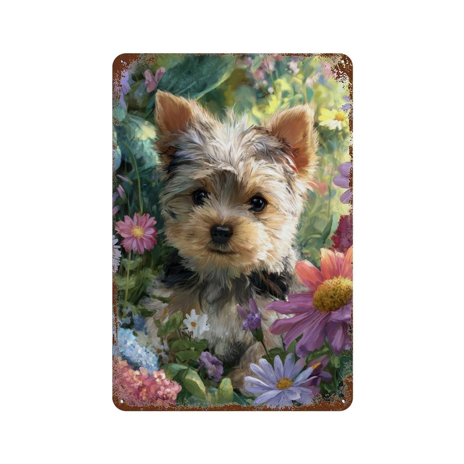 Floral Garden Yorkie Pup Rusty Metal Tin Sign 11.8"x7.9", Ideal for Office, Studio And Wall Decor