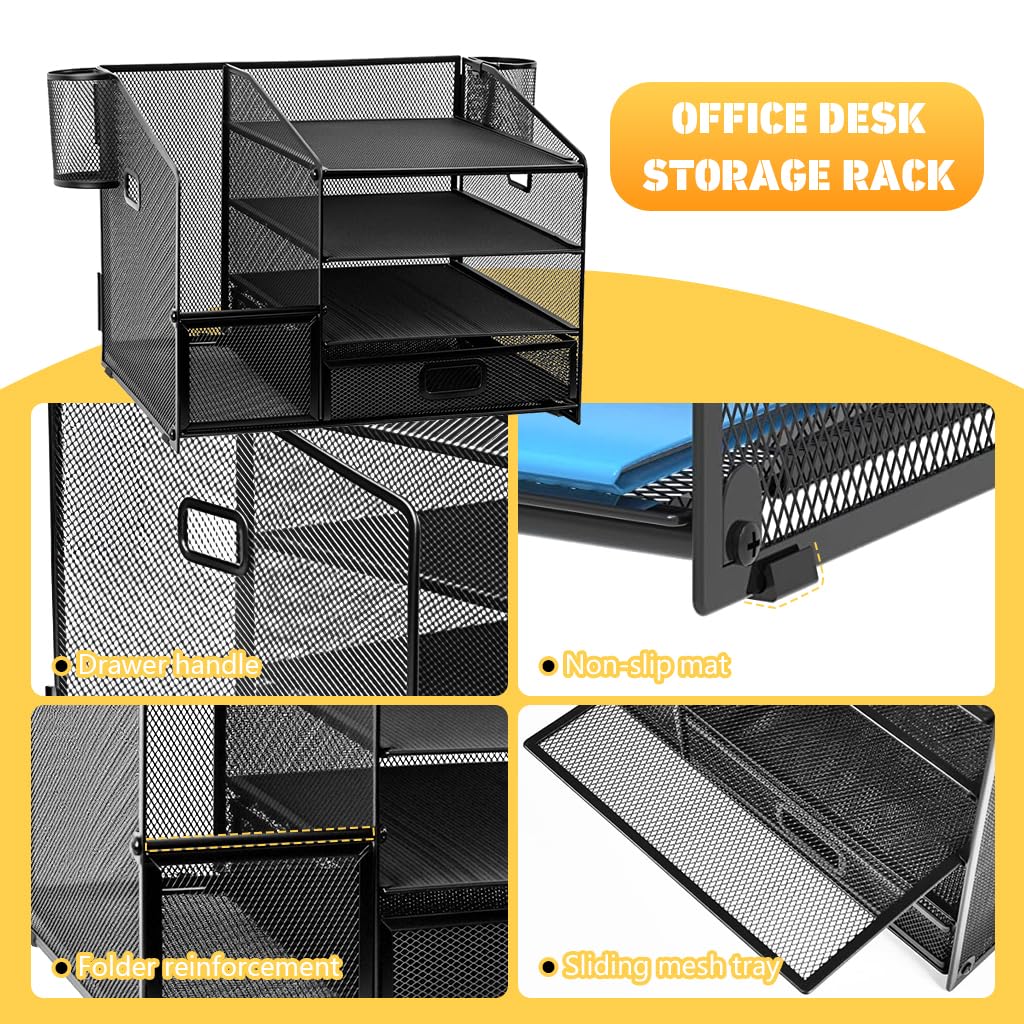 HASTHIP® Organizer da scrivania in rete metallica con scomparti multipli, cassetto e portapenne, organizer da scrivania per libri, quaderni, cancelleria e forniture