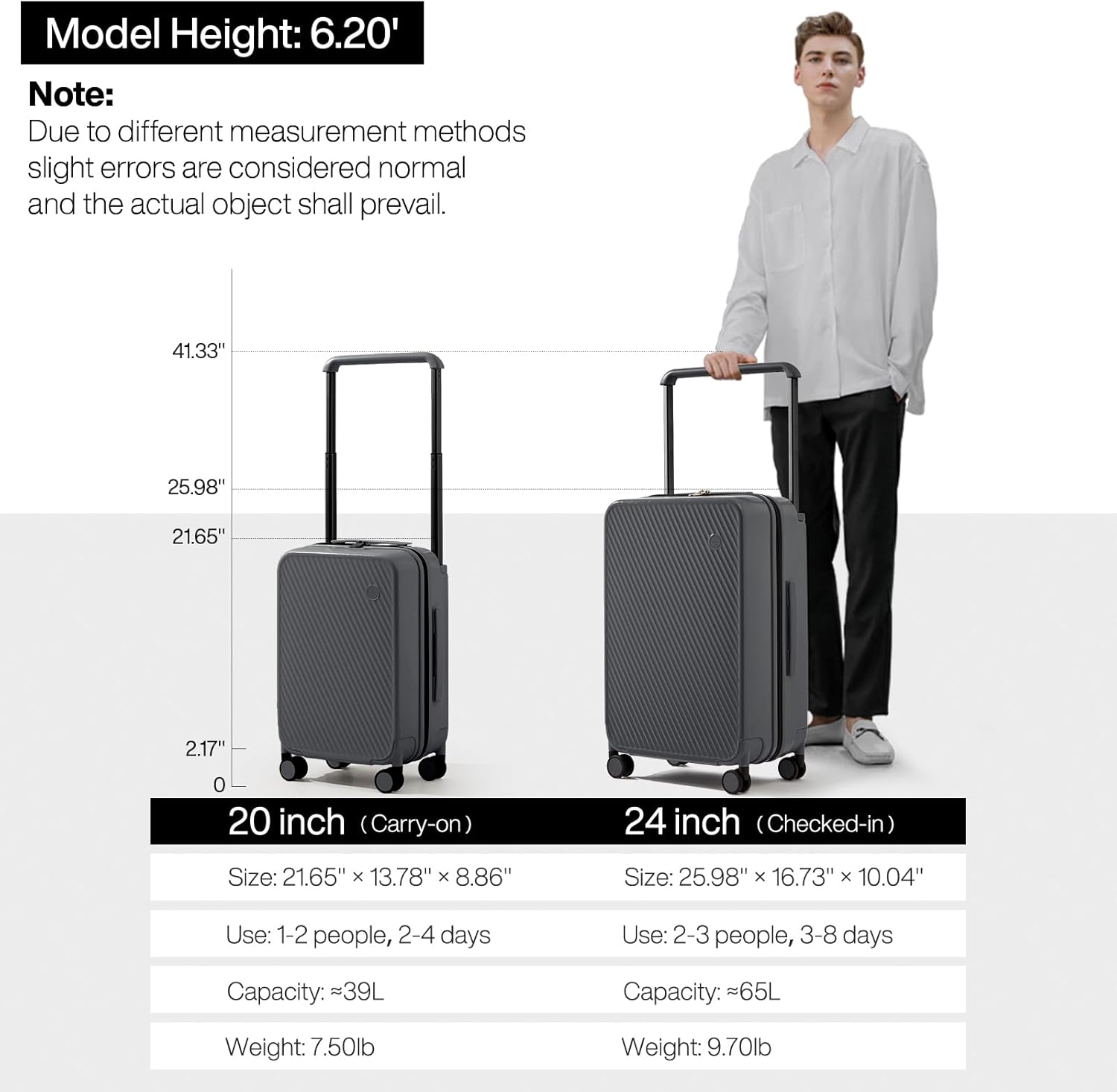 mixi Carry On Luggage Airline Approved 20'' Lightweight Luggage Wide Handle PC Hardshell Suitcases with Spinner Wheels & TSA Lock, Rock Gray