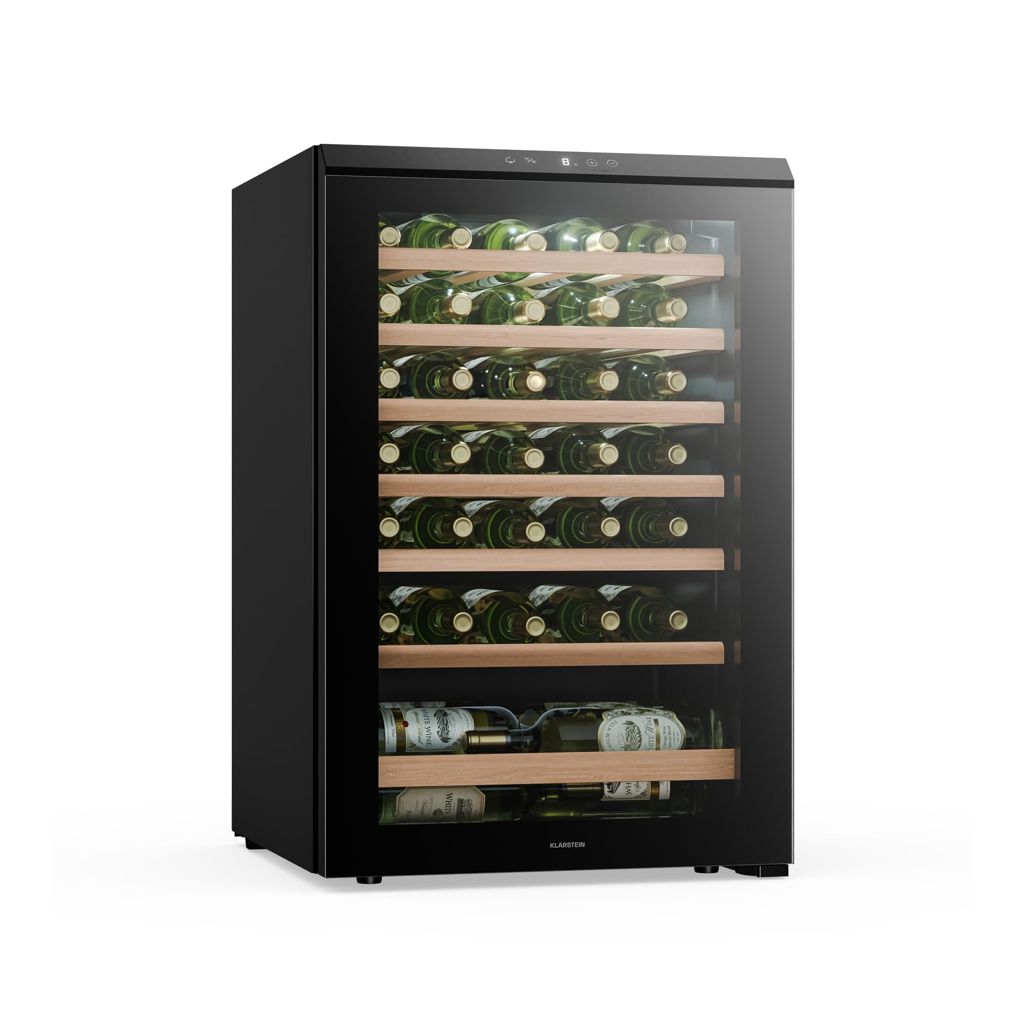 Klarstein Bevora Weinkühlschrank 48 Flaschen – Freistehender Weinkühlschrank, Touch-Bedienfeld 4–18 °C, UV-Glastür, LED-Beleuchtung, Holzablagen