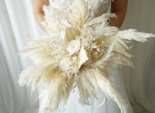 Ramo de boda de rosas preservadas blancas puras y hierba de las pampas, regalo de noviadama de honor, ramo de flores secas y conservadas, ramo de