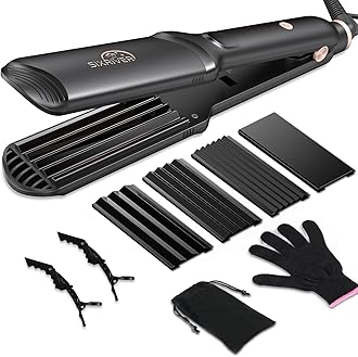 Sixriver Hair Crimper for Women - Ceramic Waver Hair Tool with 4-in-1 Flat Crimping Iron Plates, 15s Fast Heating, Volumizing Hair Crimper, for All Hair Types - Black