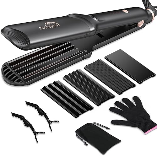 Sixriver Hair Crimper for Women - Ceramic Waver Hair Tool with 4-in-1 Flat Crimping Iron Plates, 15s Fast Heating, Volumizing Hair Crimper, for All Hair Types - Black - Black