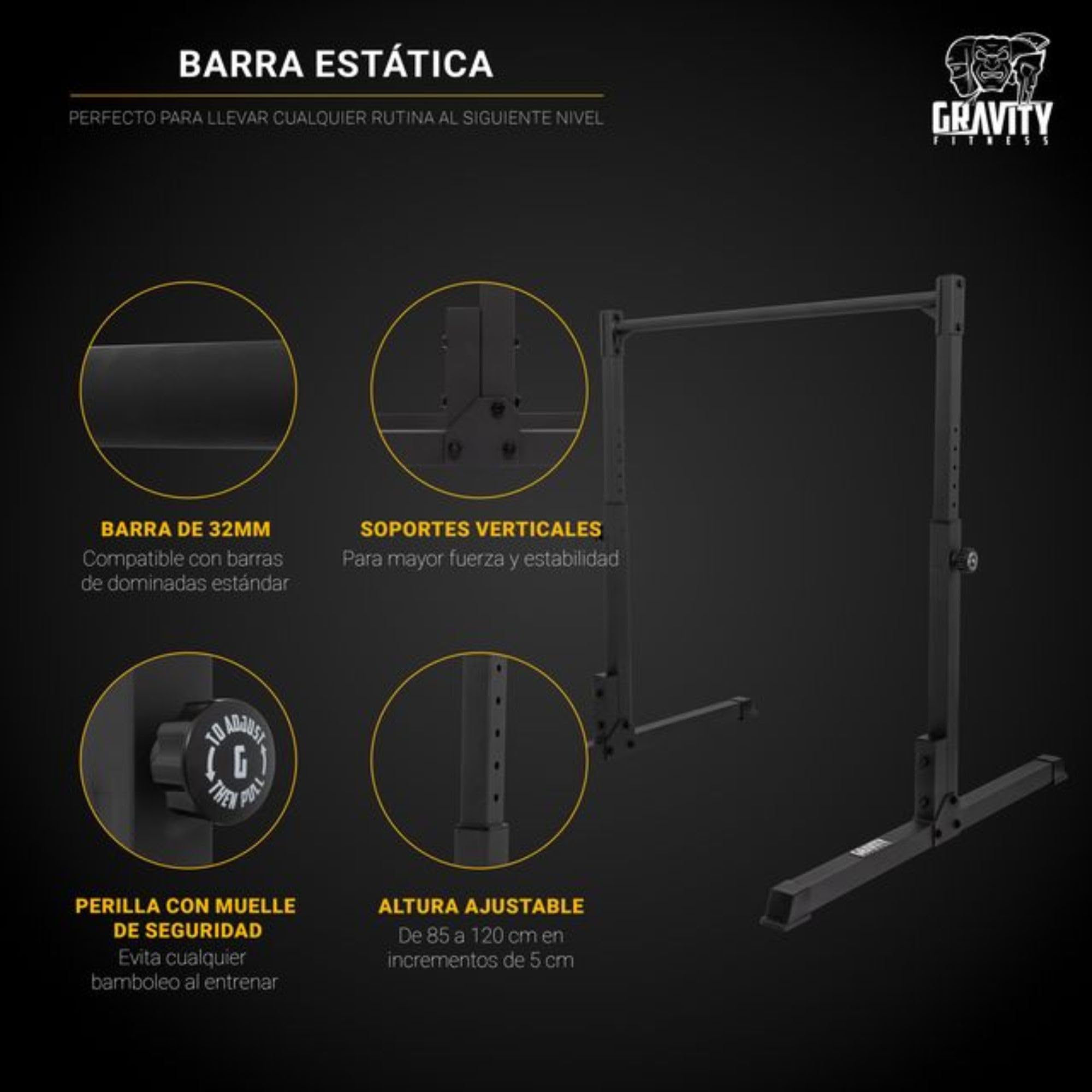 Gravity Fitness Calisthenics Barra estática – Altura ajustable 85-120 cm – Pista de fitness antideslizante para gimnasio en casa, peso corporal y entrenamiento de fuerza – Gimnasia Pull-Up Bar