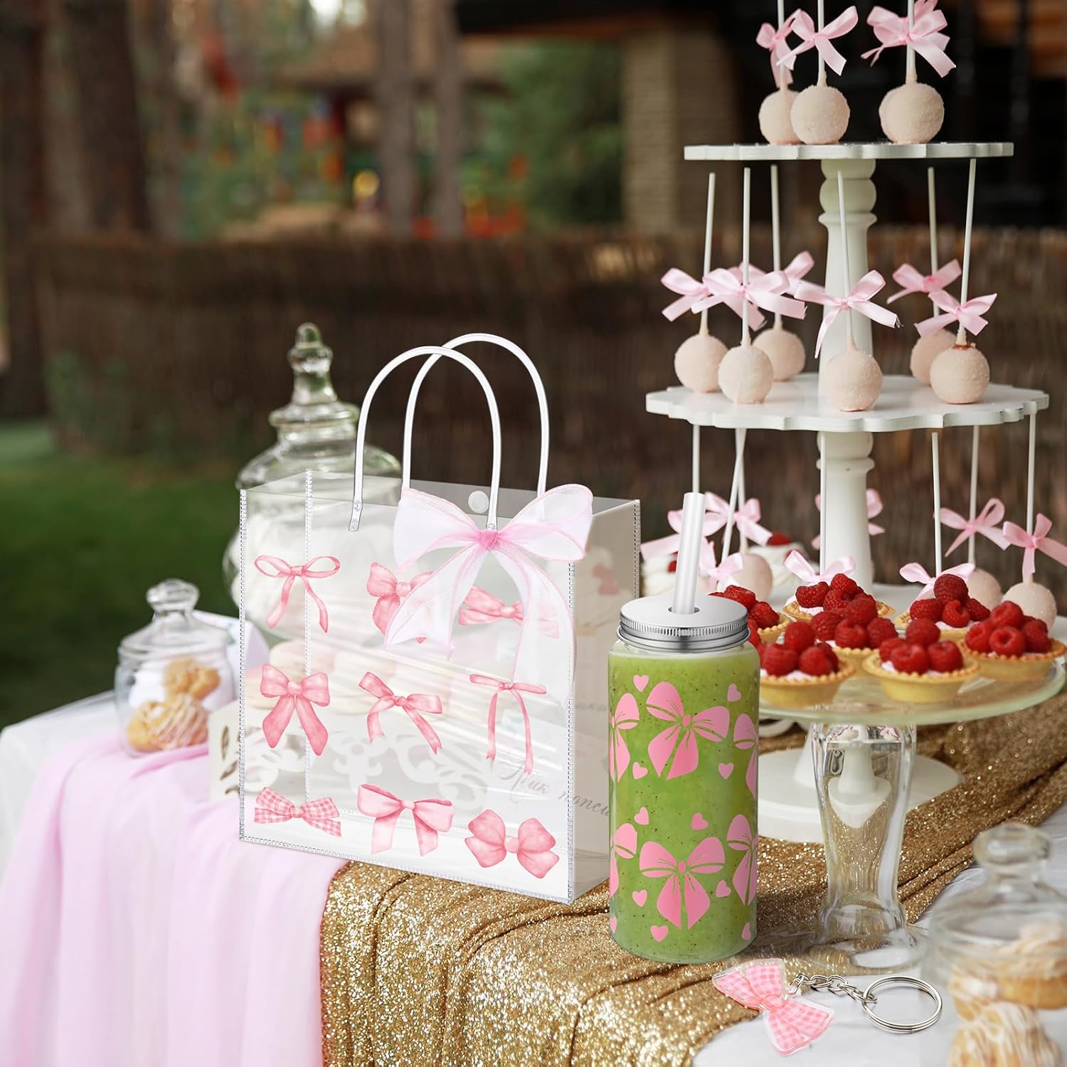 Remerry 24 Set Pink Bow Party Favors, Pink Bow Clear Gift Bags with Handle Plastic Cups with Lid and Straw 13.5 Oz, Acrylic Keychains for Coquette Birthday Party Bridal Shower Gifts - Image 4